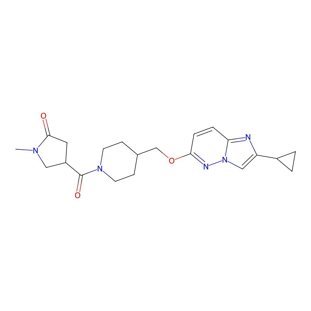 4-{4-[({2-Cyclopropylimidazo[1,2-b]pyridazin-6-yl}oxy)methyl]piperidine-1-carbonyl}-1-methylpyrrolidin-2-one molecular structure, CAS 2548983-04-4