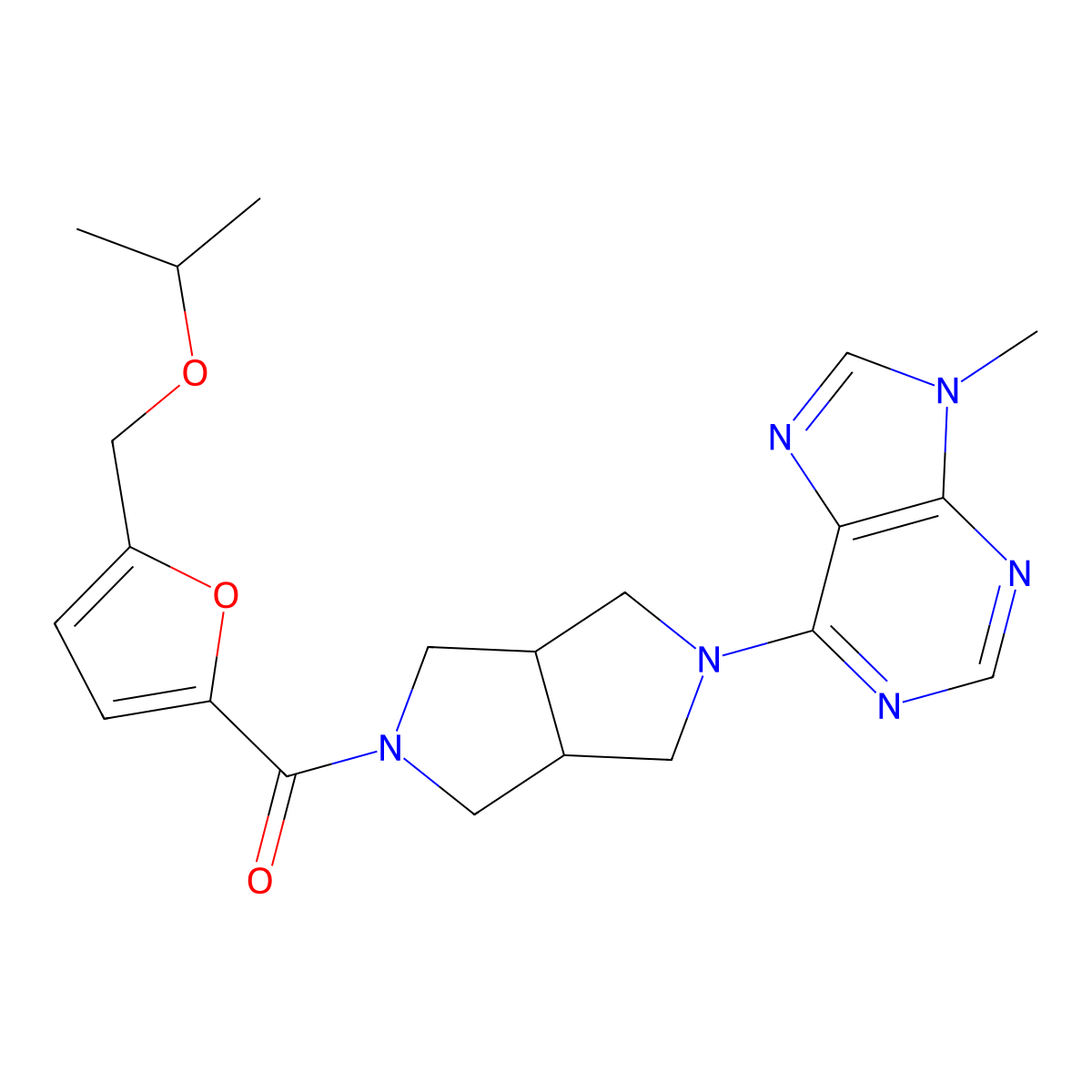 9-methyl-6-(5-{5-[(propan-2-yloxy)methyl]furan-2-carbonyl}-octahydropyrrolo[3,4-c]pyrrol-2-yl)-9H-purine molecular structure, CAS 2548983-06-6