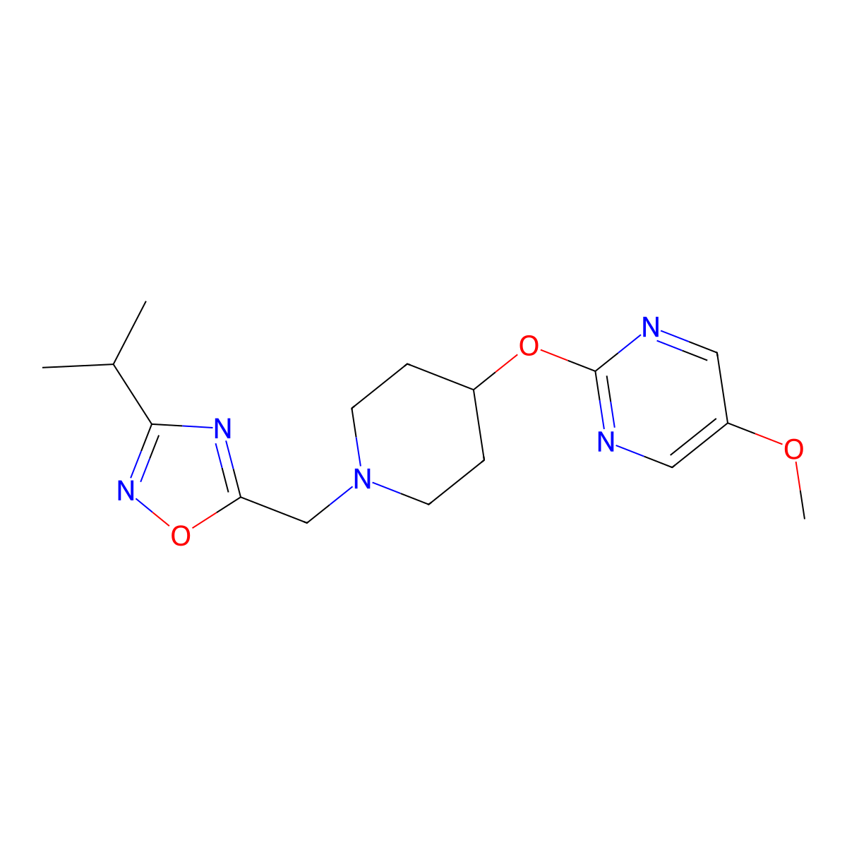 5-Methoxy-2-[(1-{[3-(propan-2-yl)-1,2,4-oxadiazol-5-yl]methyl}piperidin-4-yl)oxy]pyrimidine molecular structure, CAS 2548983-07-7