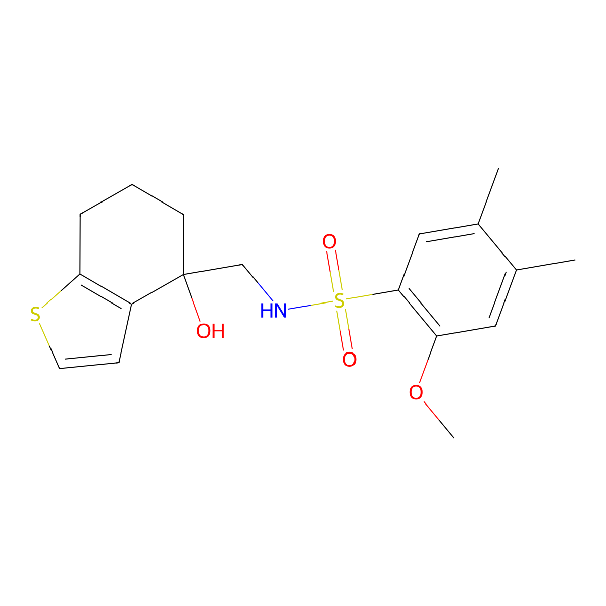 N-[(4-hydroxy-4,5,6,7-tetrahydro-1-benzothiophen-4-yl)methyl]-2-methoxy-4,5-dimethylbenzene-1-sulfonamide molecular structure, CAS 2548983-14-6