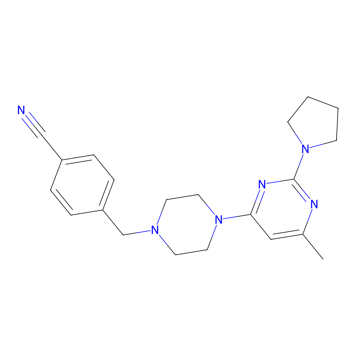 4-({4-[6-Methyl-2-(pyrrolidin-1-yl)pyrimidin-4-yl]piperazin-1-yl}methyl)benzonitrile molecular structure, CAS 2548983-15-7