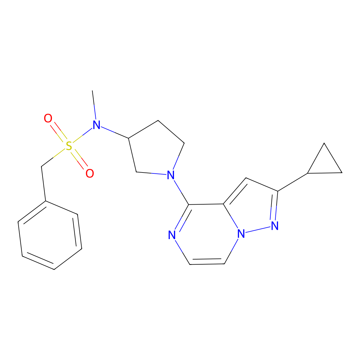 N-(1-{2-cyclopropylpyrazolo[1,5-a]pyrazin-4-yl}pyrrolidin-3-yl)-N-methyl-1-phenylmethanesulfonamide molecular structure, CAS 2548983-19-1