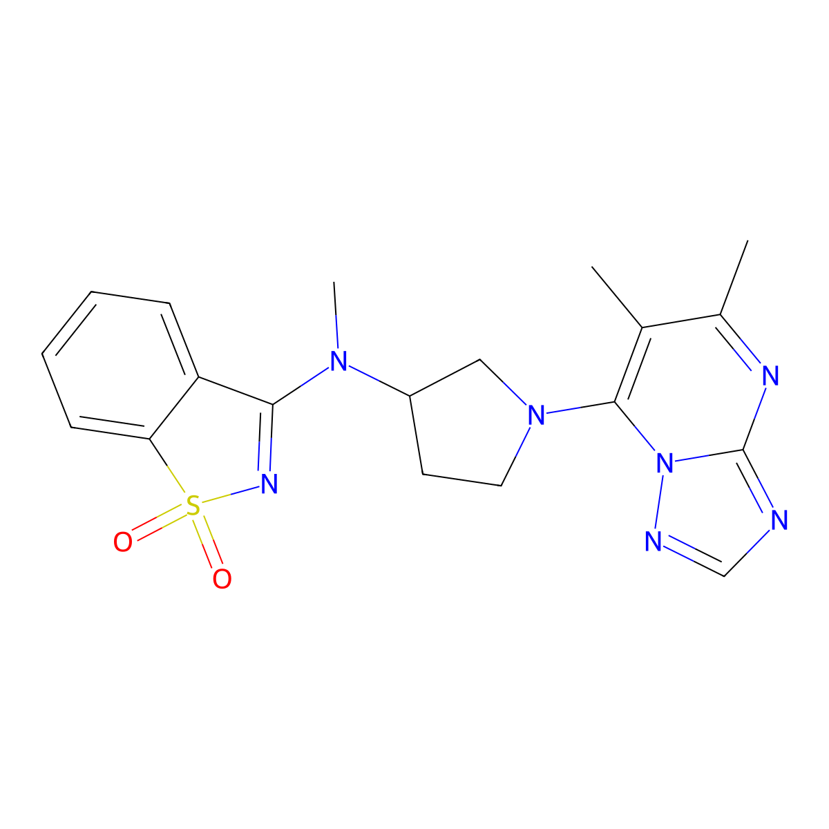 3-[(1-{5,6-Dimethyl-[1,2,4]triazolo[1,5-a]pyrimidin-7-yl}pyrrolidin-3-yl)(methyl)amino]-1,2-benzothiazole-1,1-dione molecular structure, CAS 2548983-20-4