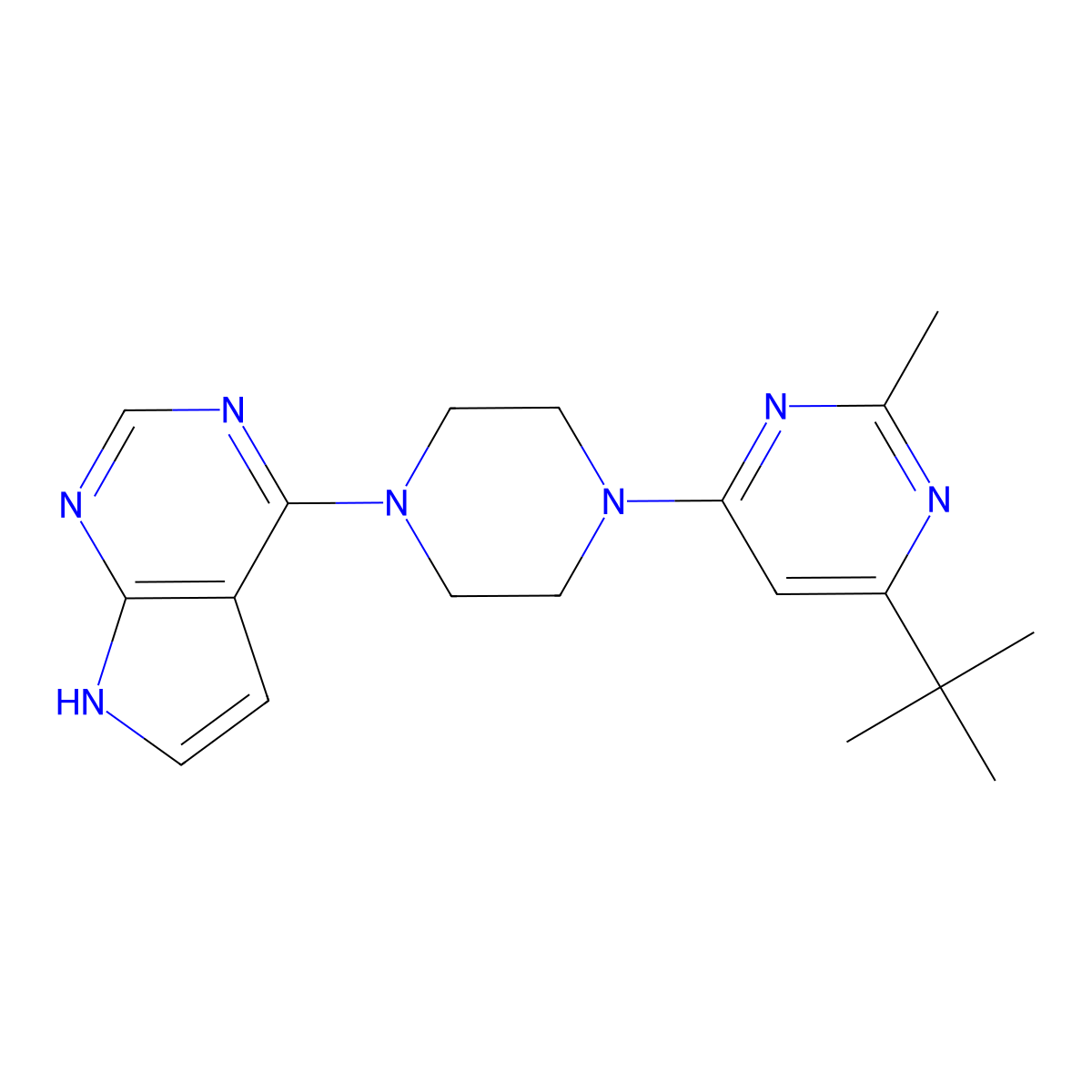 4-tert-butyl-2-methyl-6-(4-{7H-pyrrolo[2,3-d]pyrimidin-4-yl}piperazin-1-yl)pyrimidine molecular structure, CAS 2548983-23-7