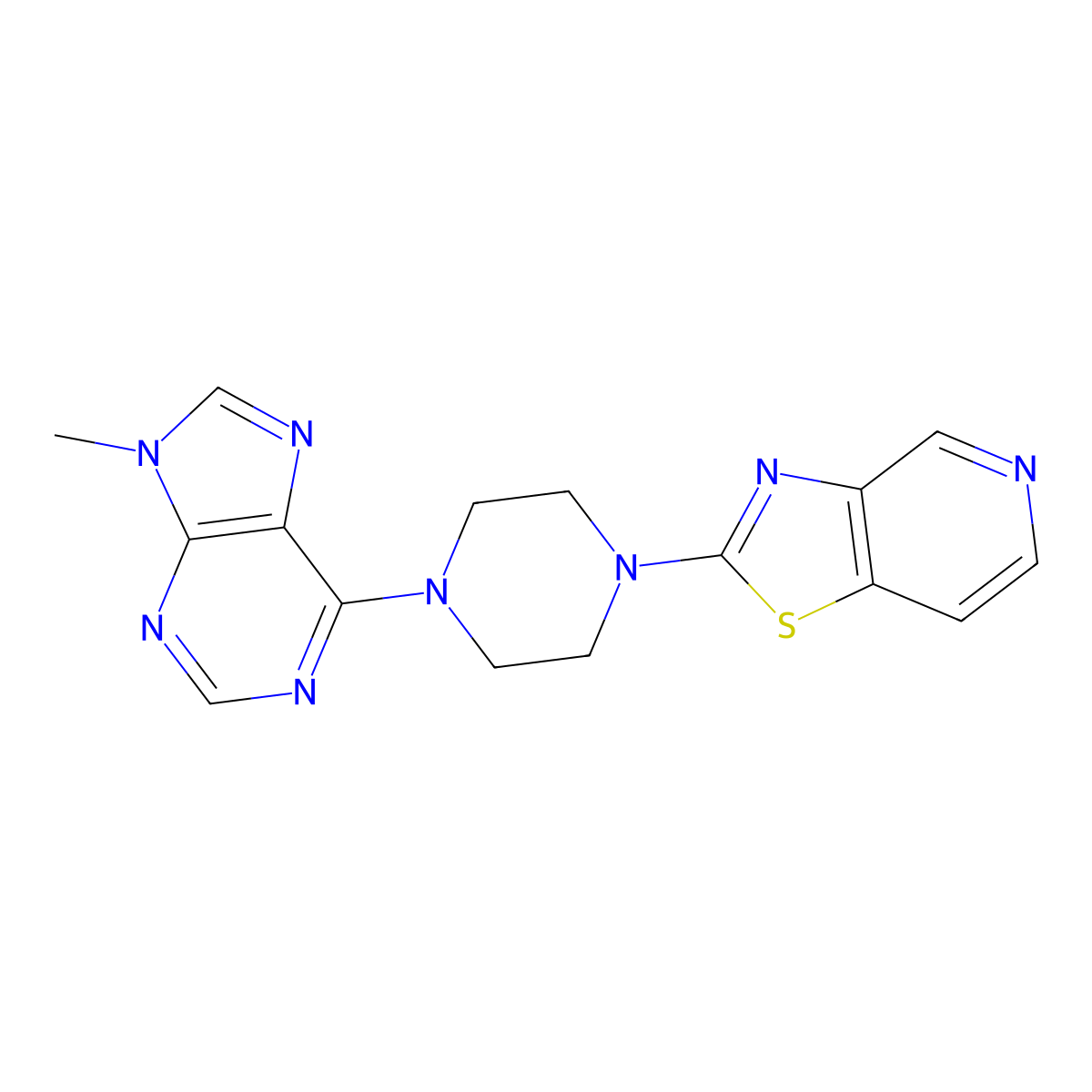 9-methyl-6-(4-{[1,3]thiazolo[4,5-c]pyridin-2-yl}piperazin-1-yl)-9H-purine molecular structure, CAS 2548983-29-3