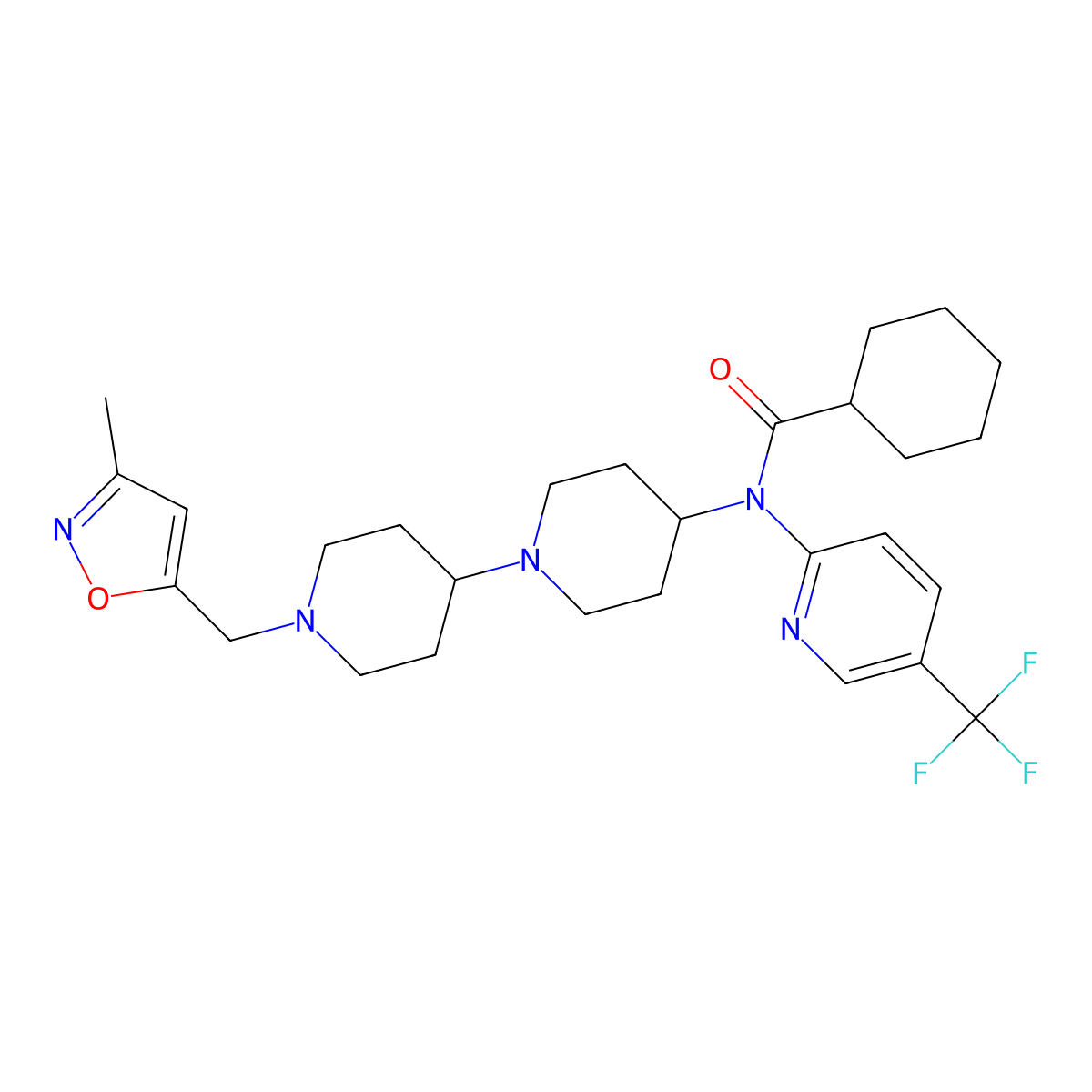 N-{1'-[(3-methyl-1,2-oxazol-5-yl)methyl]-[1,4'-bipiperidine]-4-yl}-N-[5-(trifluoromethyl)pyridin-2-yl]cyclohexanecarboxamide molecular structure, CAS 2548983-31-7