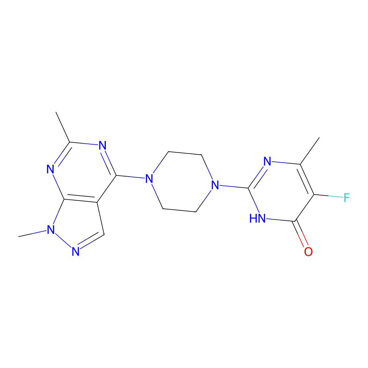 2-(4-{1,6-dimethyl-1H-pyrazolo[3,4-d]pyrimidin-4-yl}piperazin-1-yl)-5-fluoro-6-methyl-3,4-dihydropyrimidin-4-one molecular structure, CAS 2548983-32-8