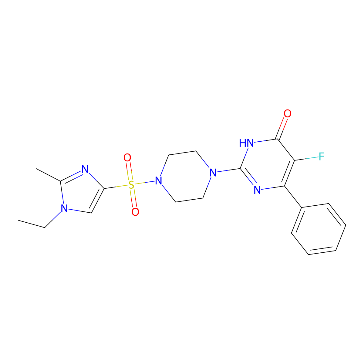 2-{4-[(1-ethyl-2-methyl-1H-imidazol-4-yl)sulfonyl]piperazin-1-yl}-5-fluoro-6-phenyl-3,4-dihydropyrimidin-4-one molecular structure, CAS 2548983-36-2