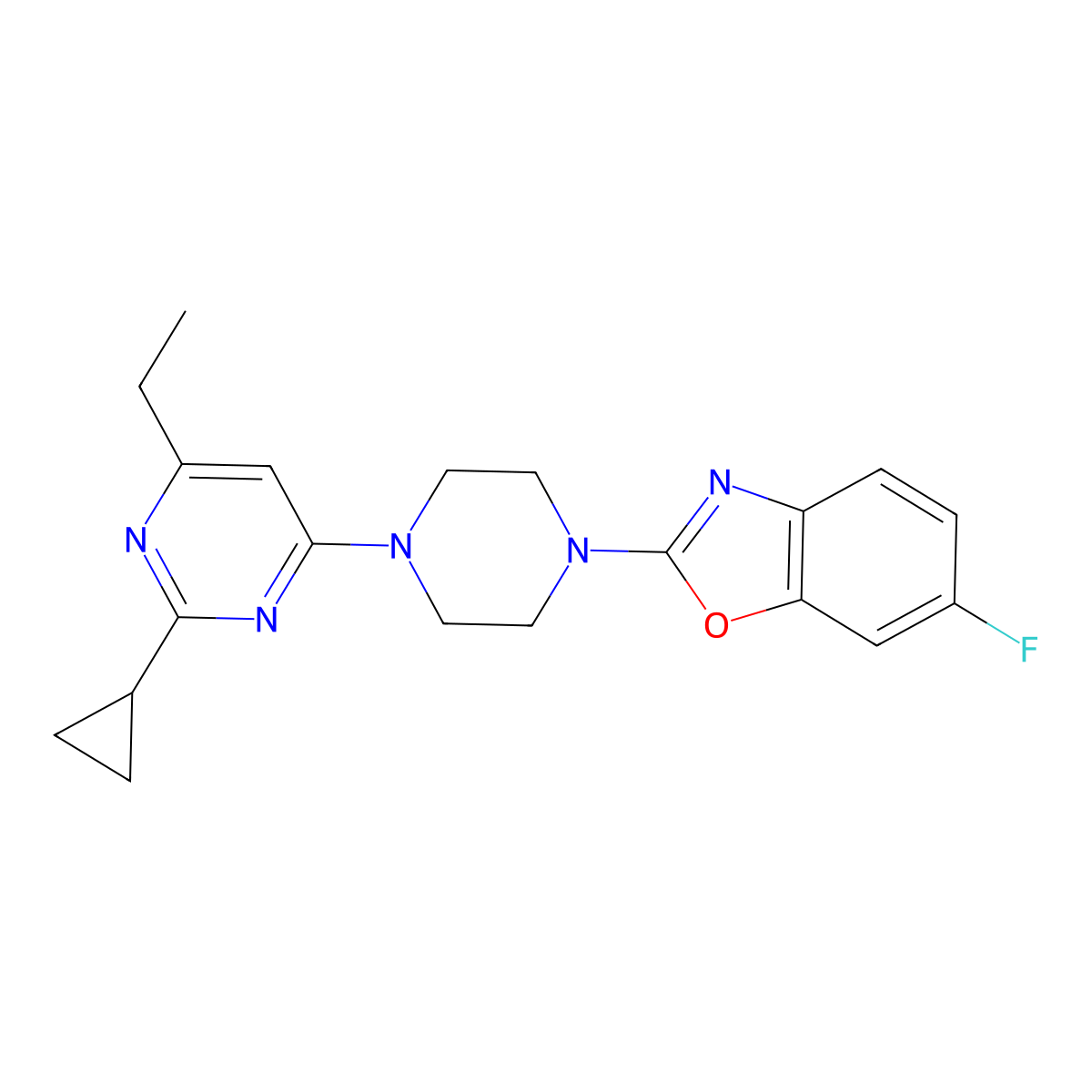 2-[4-(2-Cyclopropyl-6-ethylpyrimidin-4-yl)piperazin-1-yl]-6-fluoro-1,3-benzoxazole molecular structure, CAS 2548983-40-8