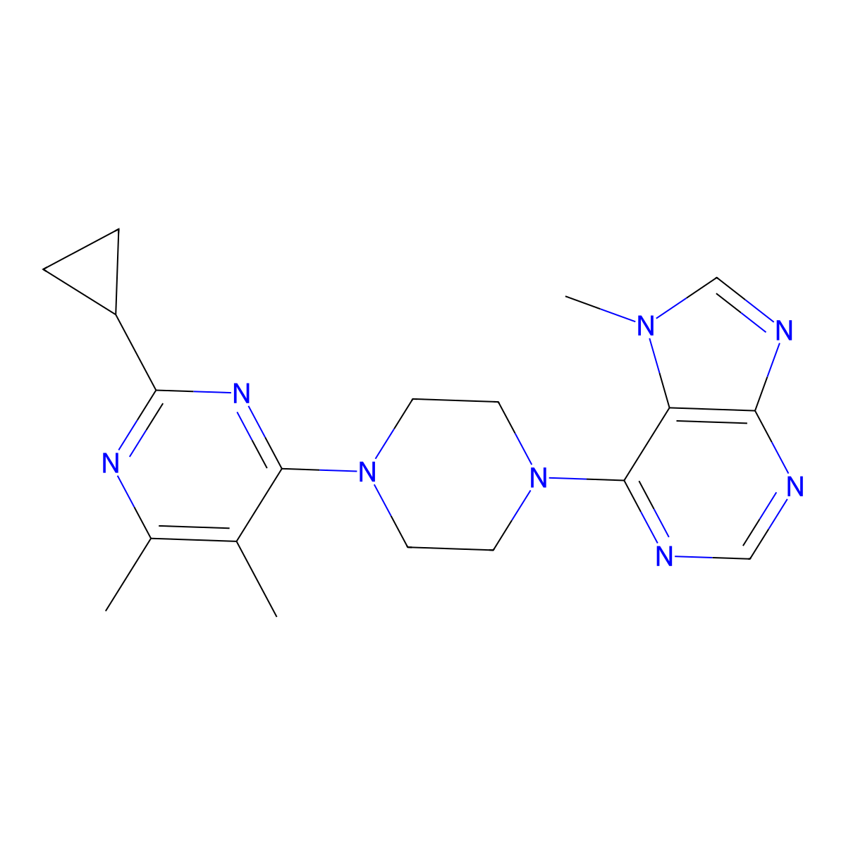 6-[4-(2-cyclopropyl-5,6-dimethylpyrimidin-4-yl)piperazin-1-yl]-7-methyl-7H-purine molecular structure, CAS 2548983-45-3