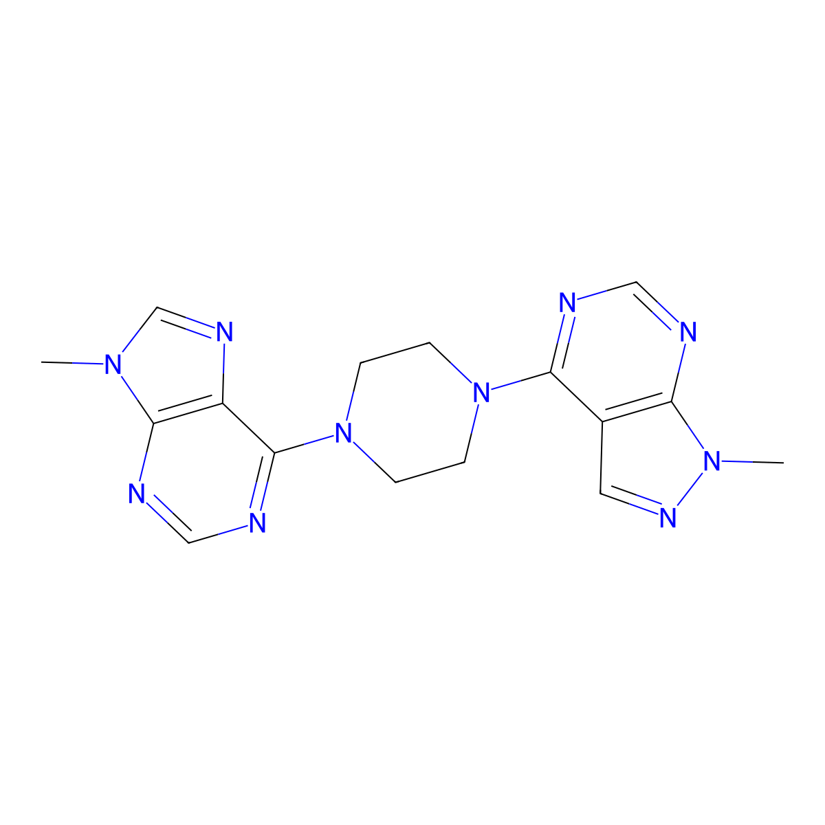9-methyl-6-(4-{1-methyl-1H-pyrazolo[3,4-d]pyrimidin-4-yl}piperazin-1-yl)-9H-purine molecular structure, CAS 2548983-55-5