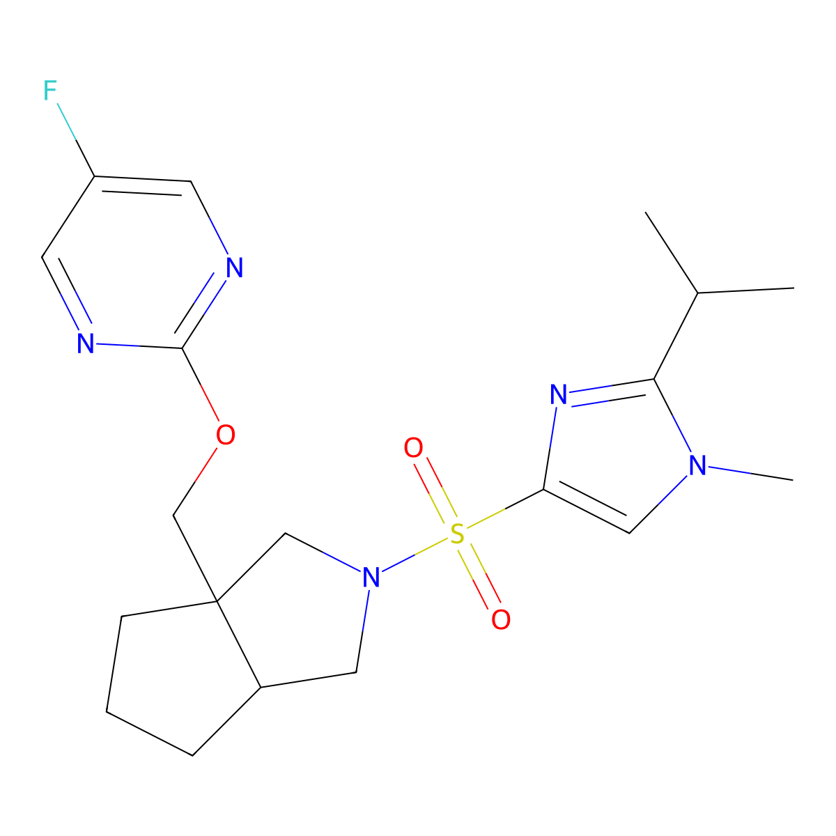 5-fluoro-2-[(2-{[1-methyl-2-(propan-2-yl)-1H-imidazol-4-yl]sulfonyl}-octahydrocyclopenta[c]pyrrol-3a-yl)methoxy]pyrimidine molecular structure, CAS 2548983-59-9