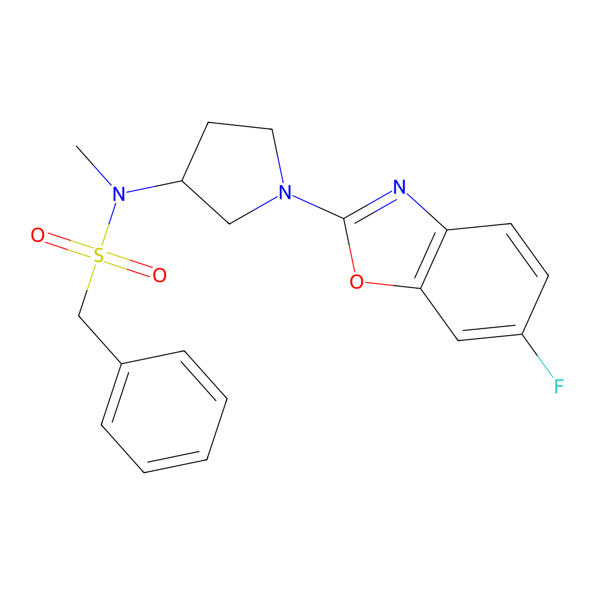 N-[1-(6-fluoro-1,3-benzoxazol-2-yl)pyrrolidin-3-yl]-N-methyl-1-phenylmethanesulfonamide molecular structure, CAS 2548983-60-2