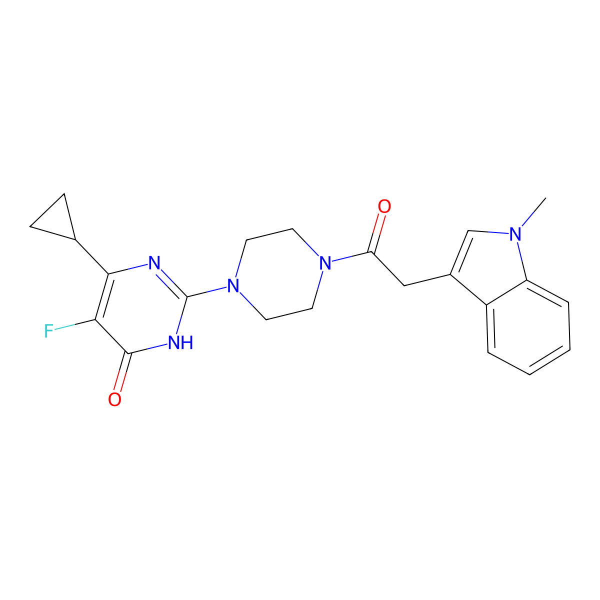 6-cyclopropyl-5-fluoro-2-{4-[2-(1-methyl-1H-indol-3-yl)acetyl]piperazin-1-yl}-3,4-dihydropyrimidin-4-one molecular structure, CAS 2548983-61-3
