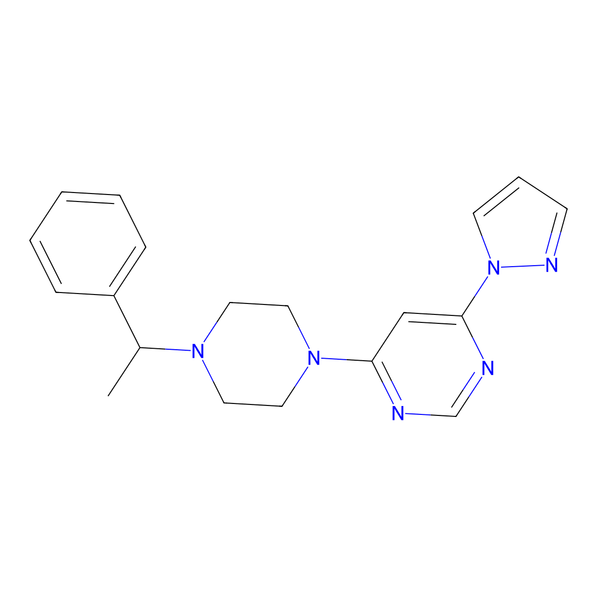 4-[4-(1-phenylethyl)piperazin-1-yl]-6-(1H-pyrazol-1-yl)pyrimidine molecular structure, CAS 2548983-68-0