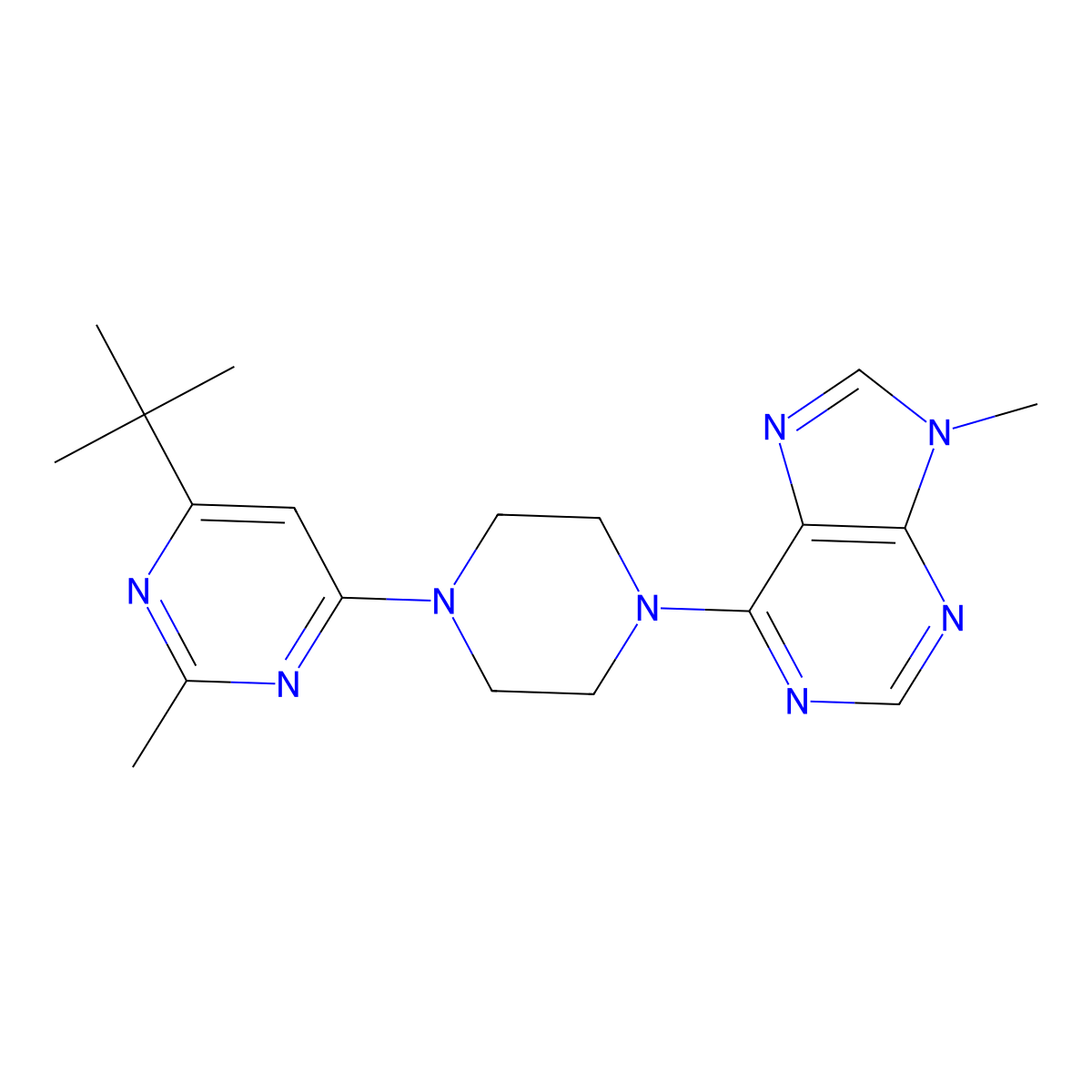 6-[4-(6-tert-butyl-2-methylpyrimidin-4-yl)piperazin-1-yl]-9-methyl-9H-purine molecular structure, CAS 2548983-77-1