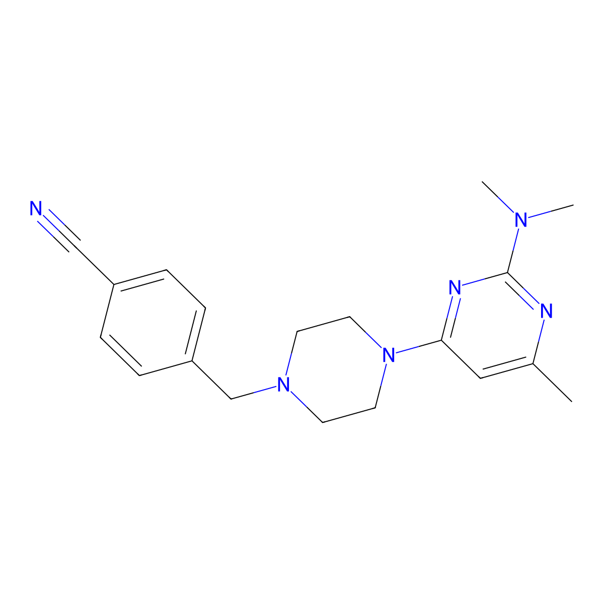 4-({4-[2-(Dimethylamino)-6-methylpyrimidin-4-yl]piperazin-1-yl}methyl)benzonitrile molecular structure, CAS 2548983-78-2