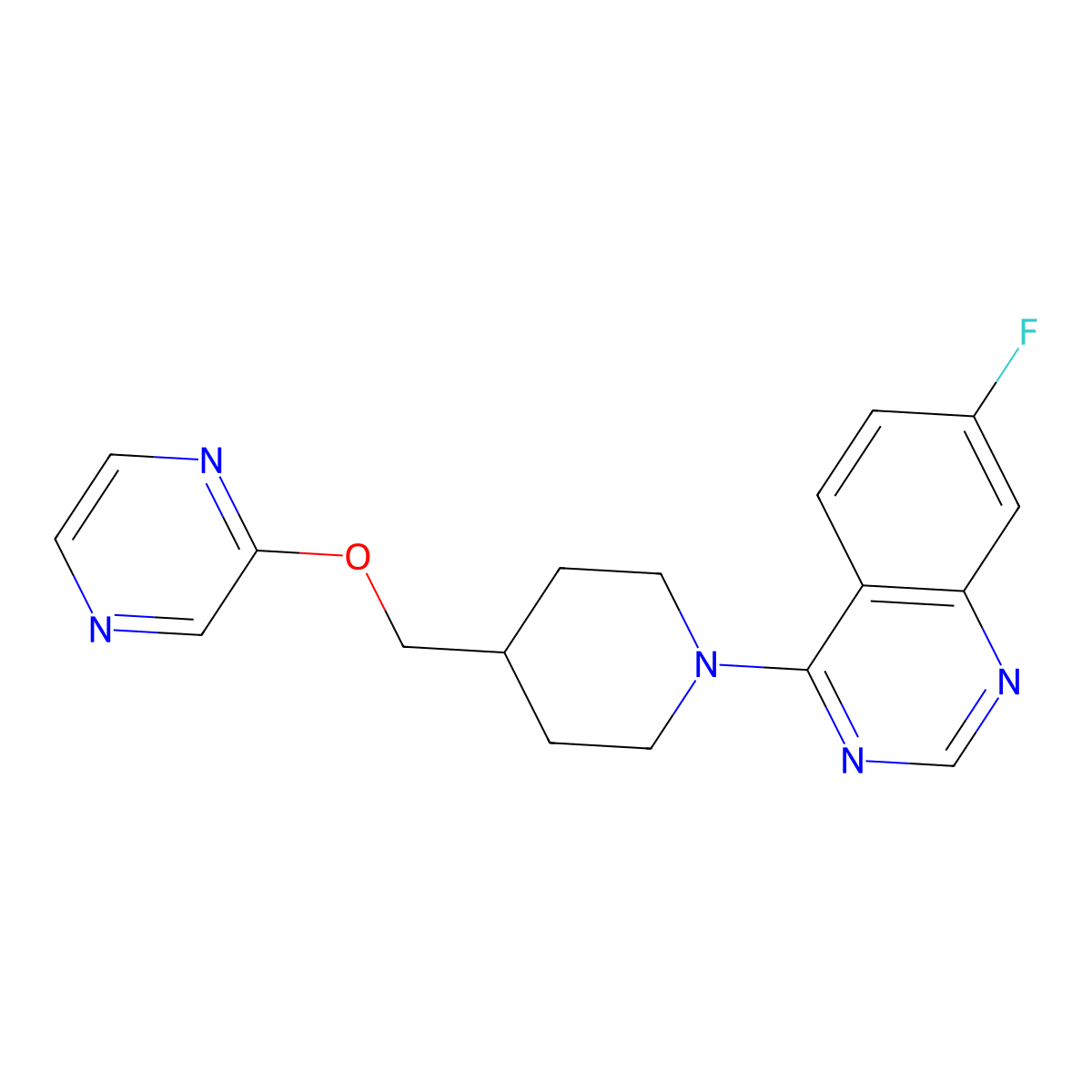 7-Fluoro-4-{4-[(pyrazin-2-yloxy)methyl]piperidin-1-yl}quinazoline molecular structure, CAS 2548983-82-8