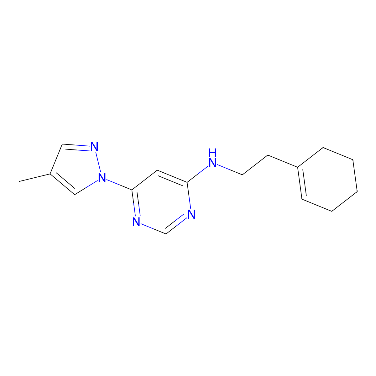 N-[2-(cyclohex-1-en-1-yl)ethyl]-6-(4-methyl-1H-pyrazol-1-yl)pyrimidin-4-amine molecular structure, CAS 2548983-89-5