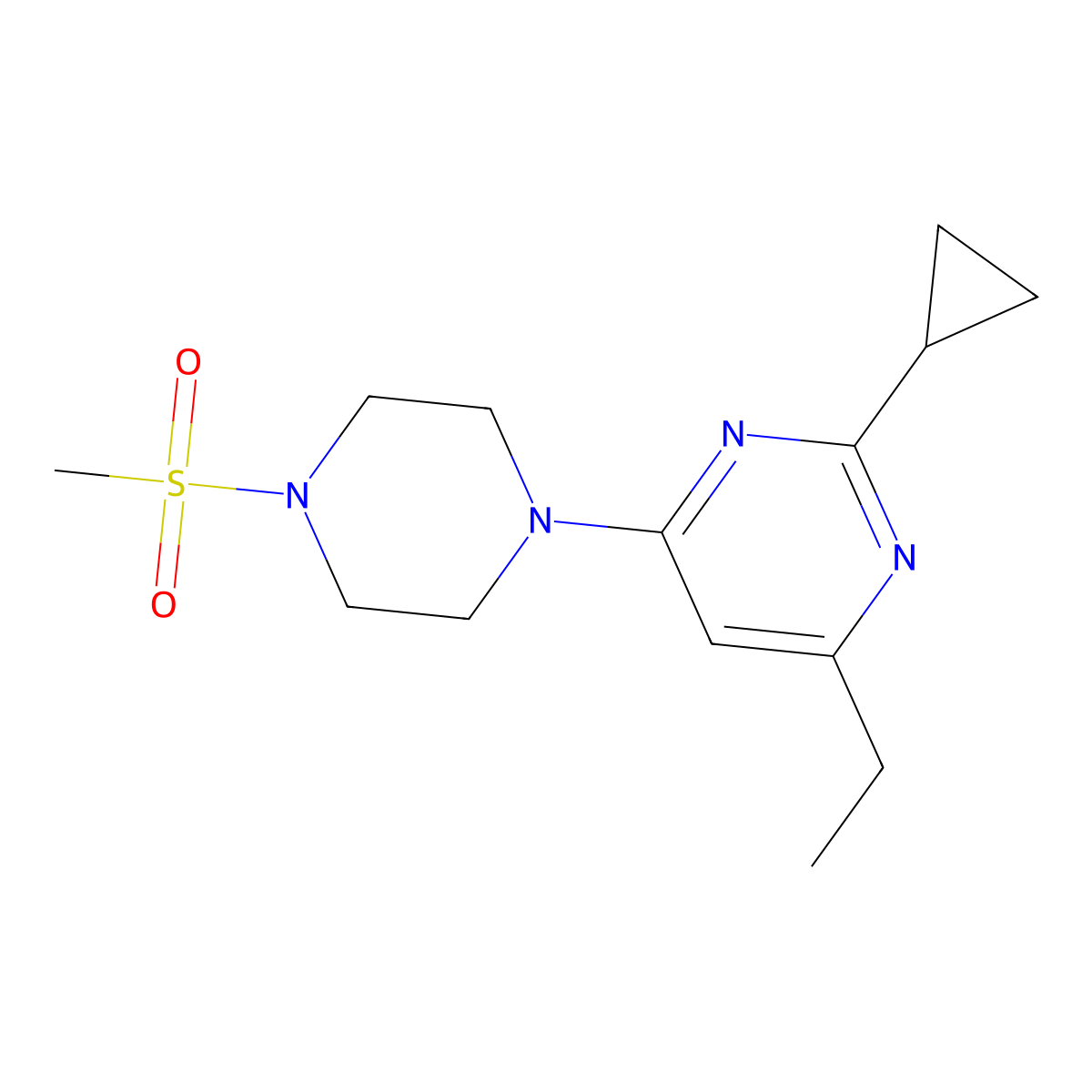 2-Cyclopropyl-4-ethyl-6-(4-methanesulfonylpiperazin-1-yl)pyrimidine molecular structure, CAS 2548983-92-0