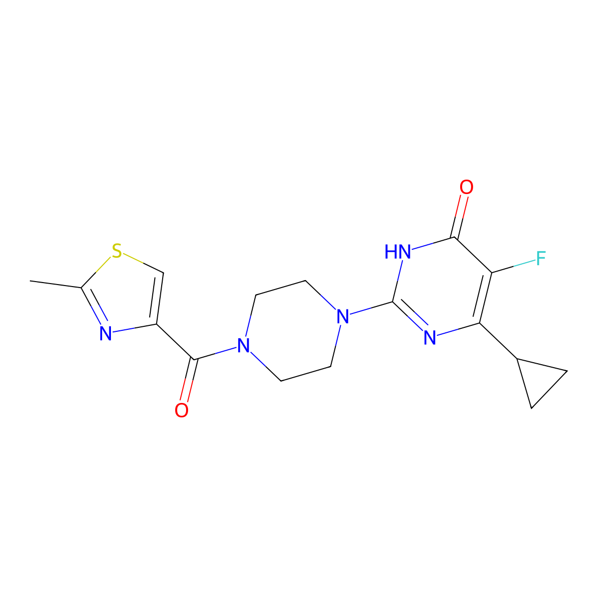 6-Cyclopropyl-5-fluoro-2-[4-(2-methyl-1,3-thiazole-4-carbonyl)piperazin-1-yl]-3,4-dihydropyrimidin-4-one molecular structure, CAS 2548984-04-7