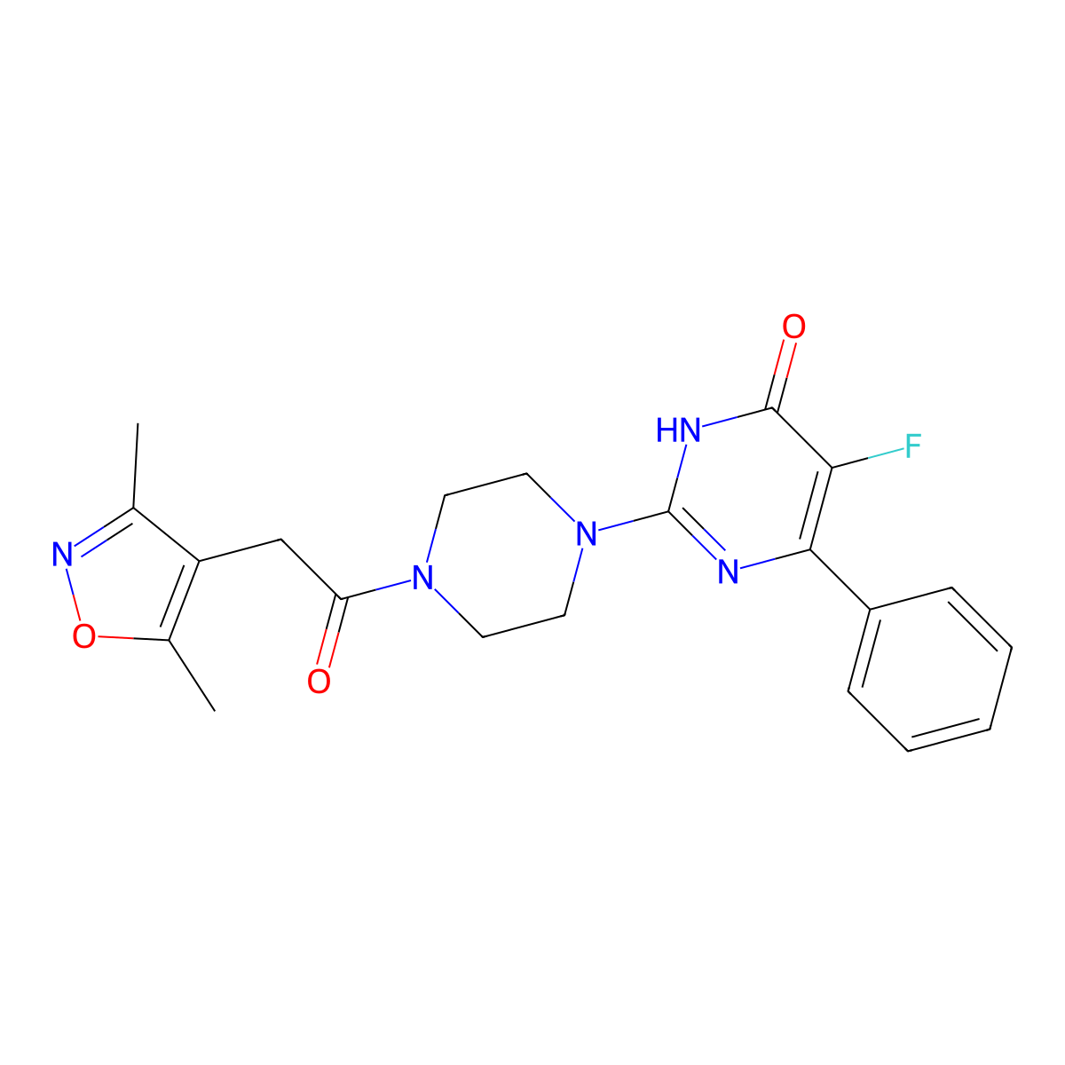 2-{4-[2-(3,5-Dimethyl-1,2-oxazol-4-yl)acetyl]piperazin-1-yl}-5-fluoro-6-phenyl-3,4-dihydropyrimidin-4-one molecular structure, CAS 2548984-06-9
