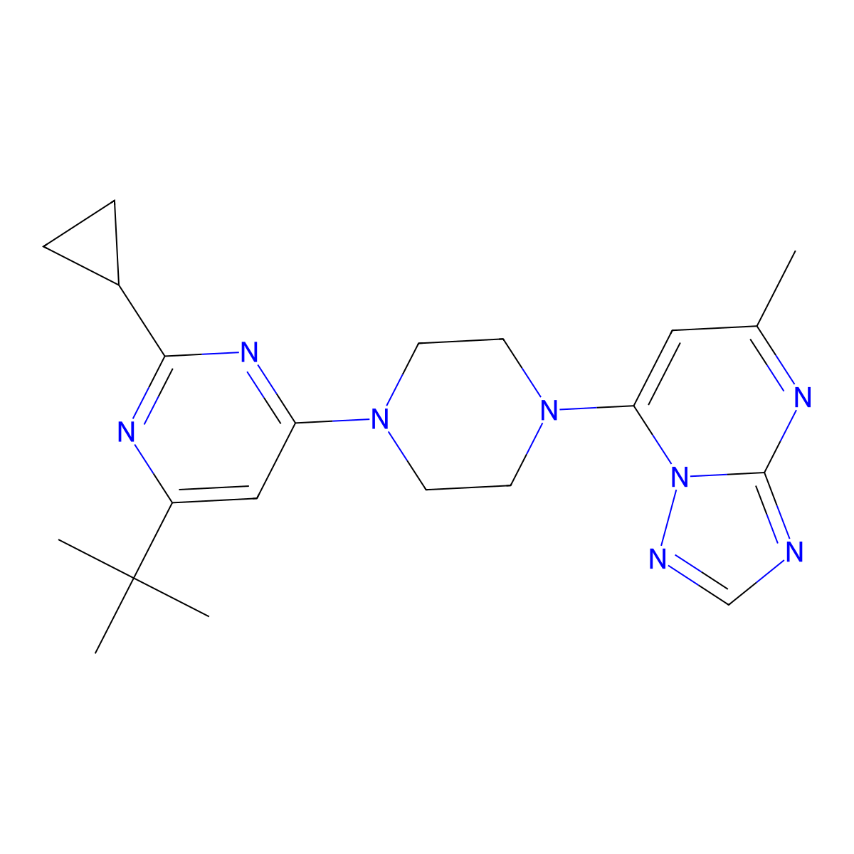 4-Tert-butyl-2-cyclopropyl-6-(4-{5-methyl-[1,2,4]triazolo[1,5-a]pyrimidin-7-yl}piperazin-1-yl)pyrimidine molecular structure, CAS 2548984-11-6