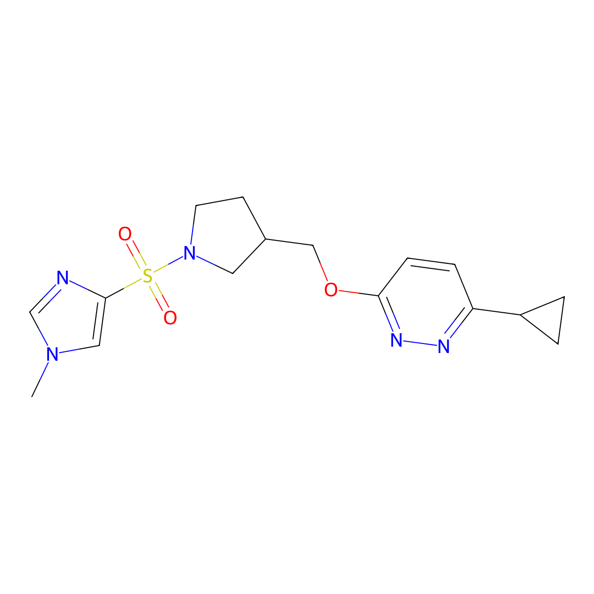 3-cyclopropyl-6-({1-[(1-methyl-1H-imidazol-4-yl)sulfonyl]pyrrolidin-3-yl}methoxy)pyridazine molecular structure, CAS 2548984-12-7