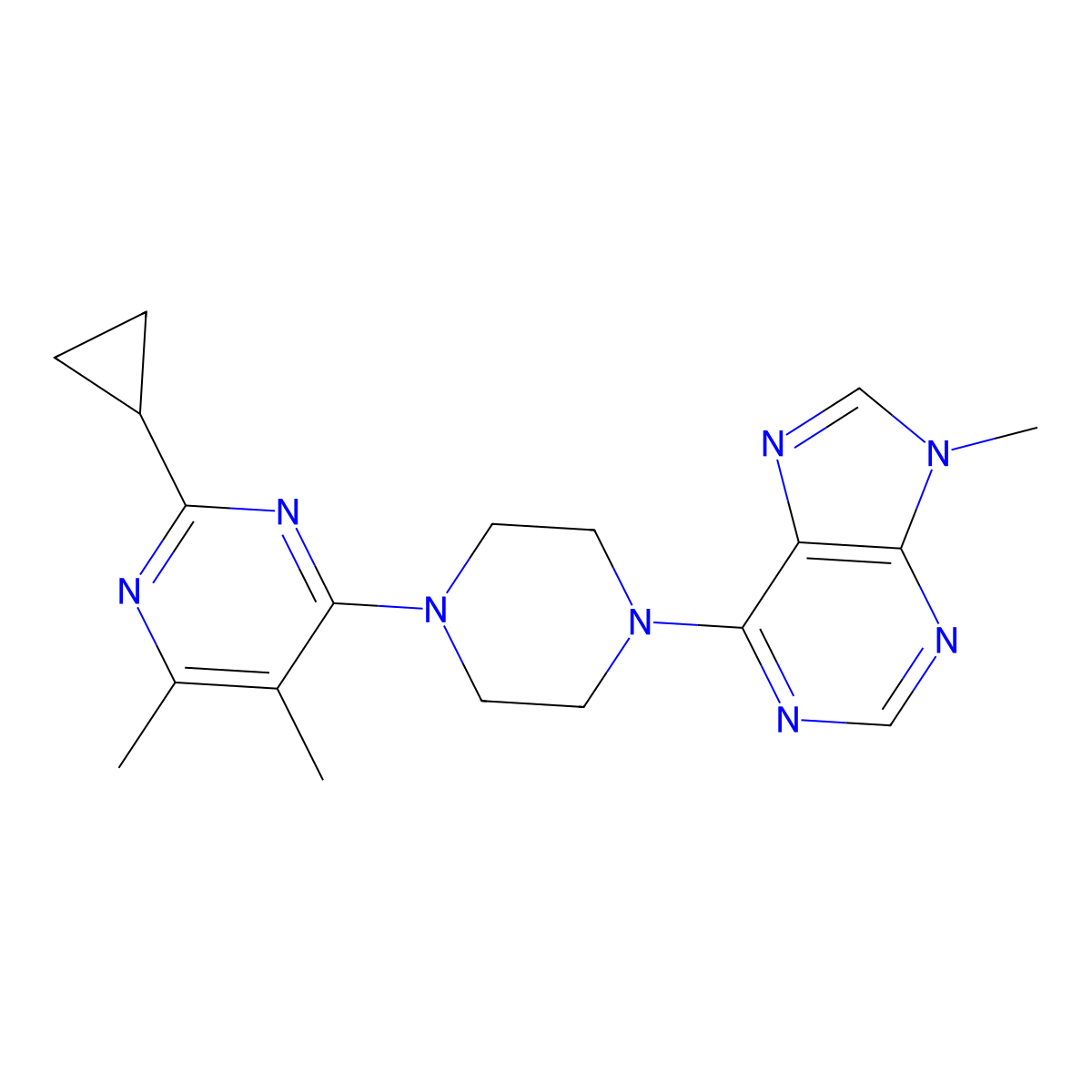 6-[4-(2-cyclopropyl-5,6-dimethylpyrimidin-4-yl)piperazin-1-yl]-9-methyl-9H-purine molecular structure, CAS 2548984-14-9