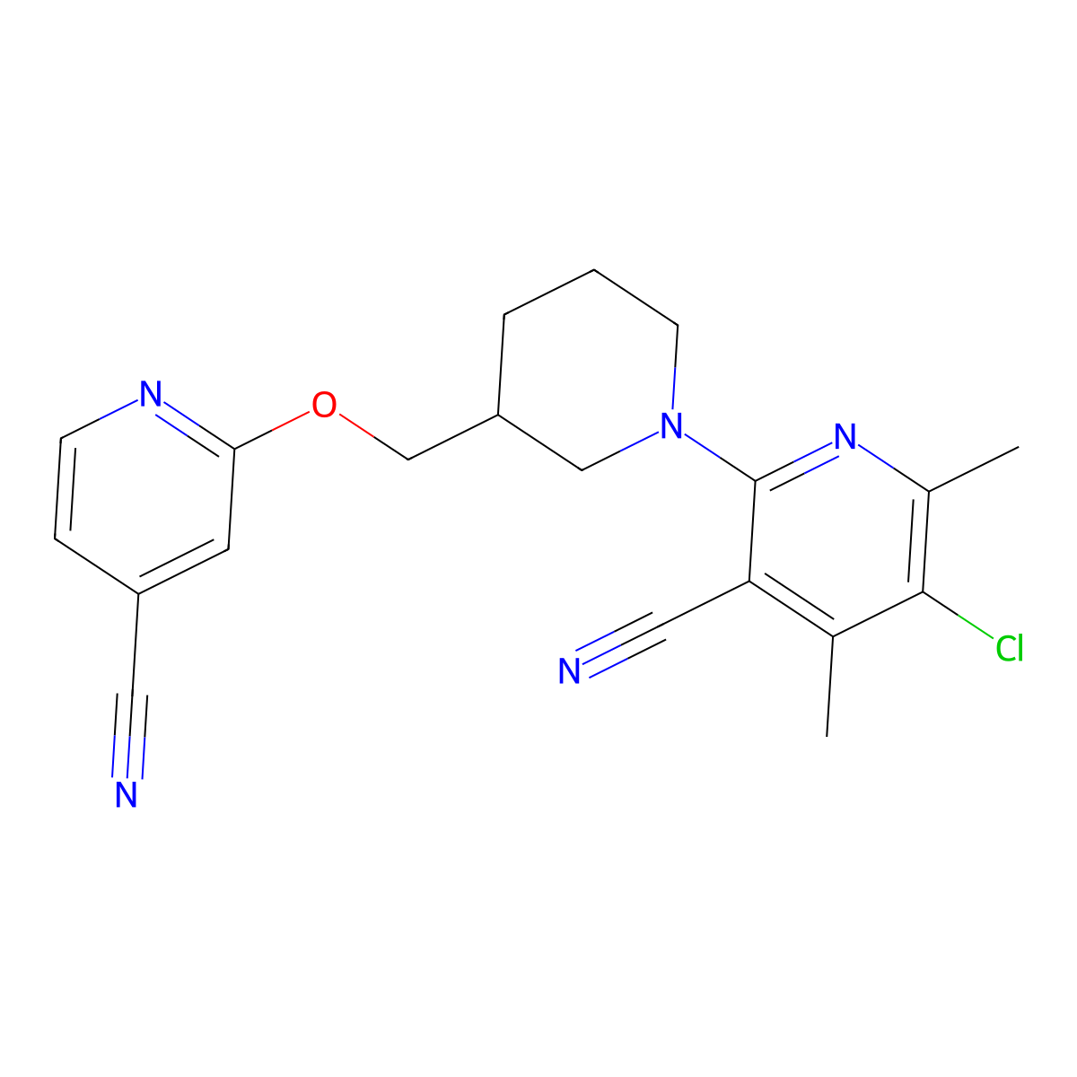 5-Chloro-2-(3-{[(4-cyanopyridin-2-yl)oxy]methyl}piperidin-1-yl)-4,6-dimethylpyridine-3-carbonitrile molecular structure, CAS 2548984-17-2