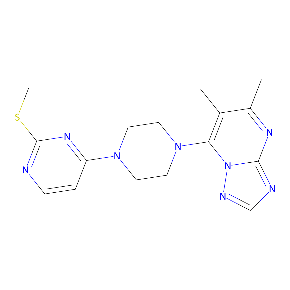 4-(4-{5,6-Dimethyl-[1,2,4]triazolo[1,5-a]pyrimidin-7-yl}piperazin-1-yl)-2-(methylsulfanyl)pyrimidine molecular structure, CAS 2548984-18-3