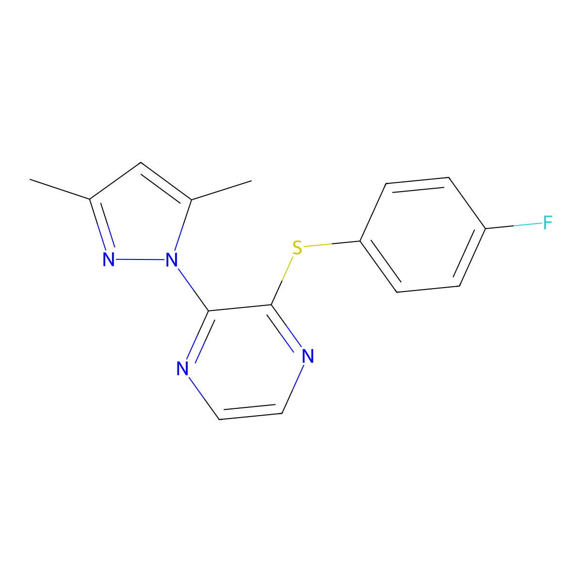 2-(3,5-dimethyl-1H-pyrazol-1-yl)-3-[(4-fluorophenyl)sulfanyl]pyrazine molecular structure, CAS 2548984-22-9