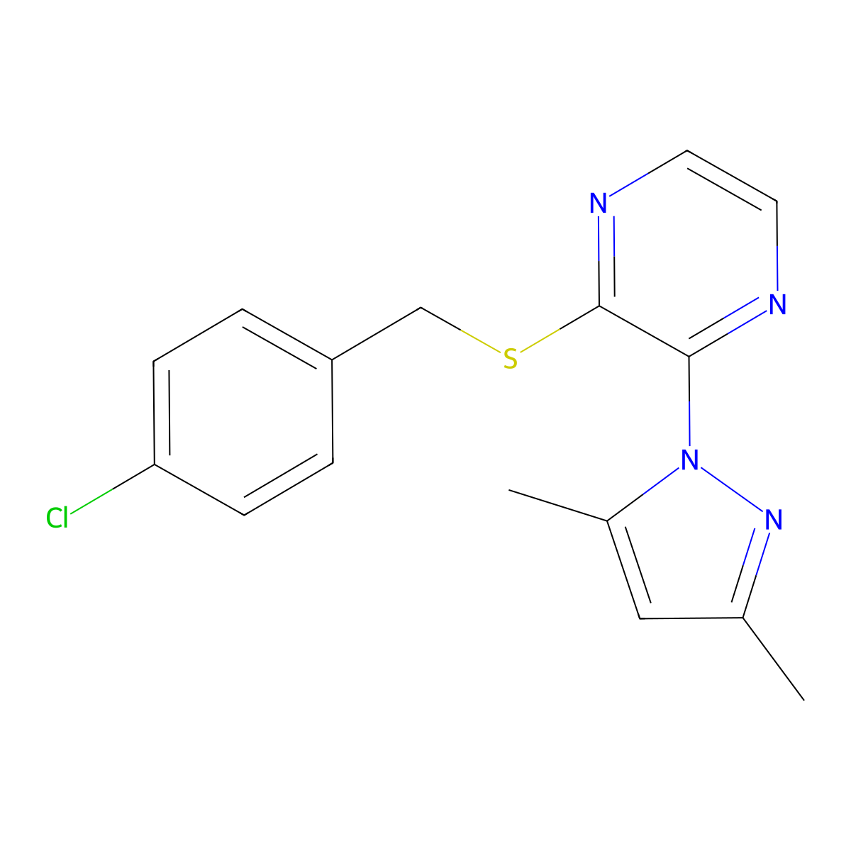 2-{[(4-chlorophenyl)methyl]sulfanyl}-3-(3,5-dimethyl-1H-pyrazol-1-yl)pyrazine molecular structure, CAS 2548984-25-2