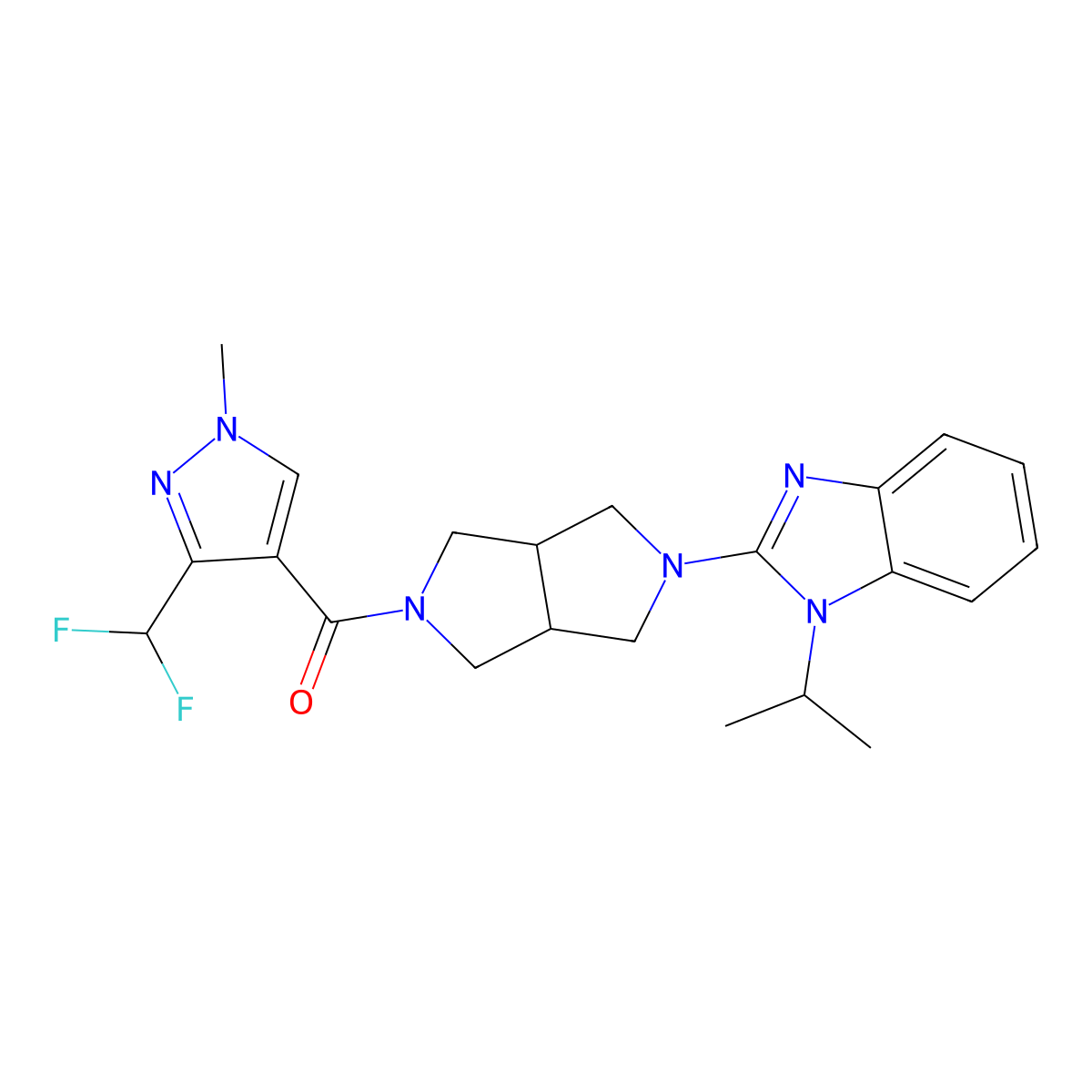 2-{5-[3-(difluoromethyl)-1-methyl-1H-pyrazole-4-carbonyl]-octahydropyrrolo[3,4-c]pyrrol-2-yl}-1-(propan-2-yl)-1H-1,3-benzodiazole molecular structure, CAS 2548984-27-4