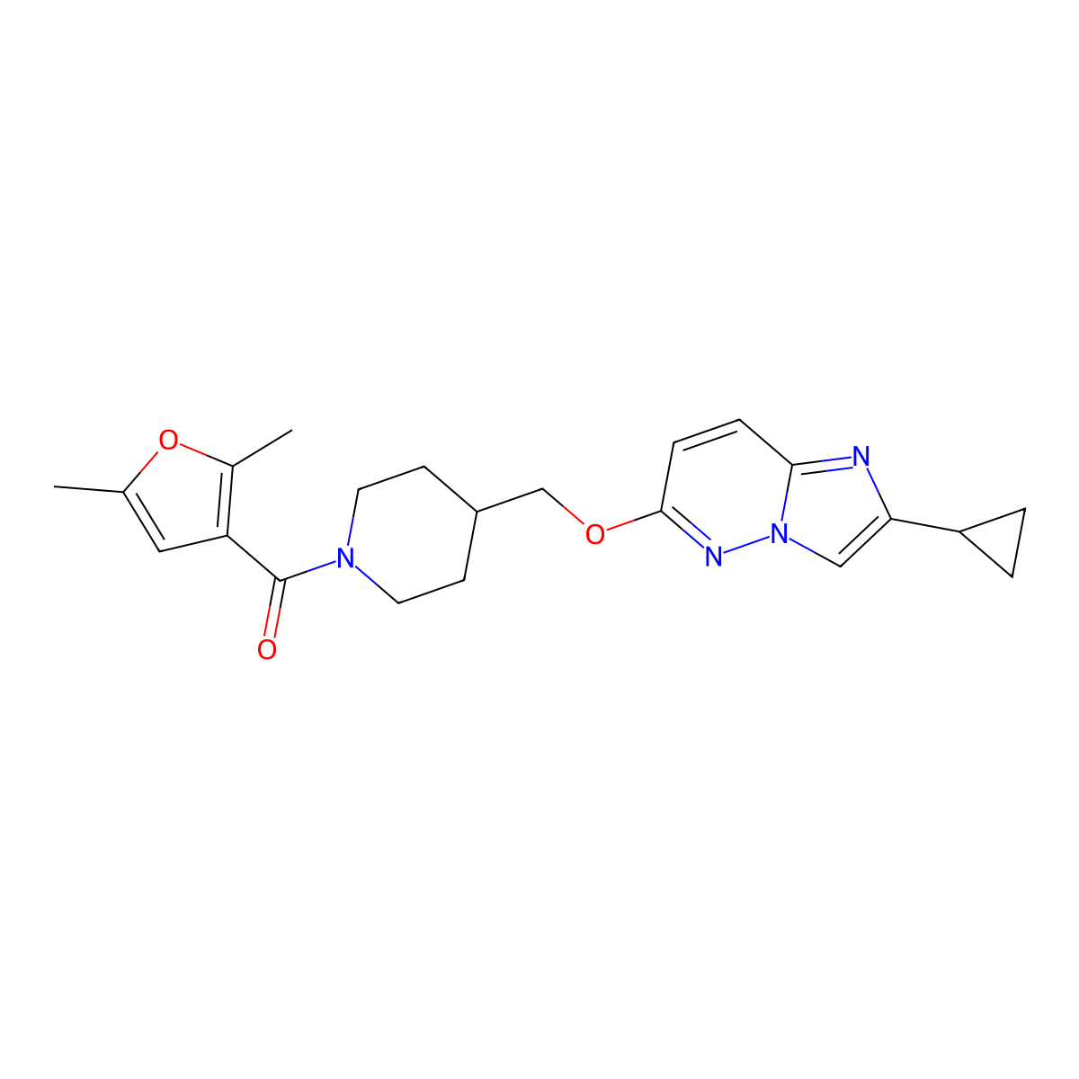 4-[({2-Cyclopropylimidazo[1,2-b]pyridazin-6-yl}oxy)methyl]-1-(2,5-dimethylfuran-3-carbonyl)piperidine molecular structure, CAS 2548984-33-2