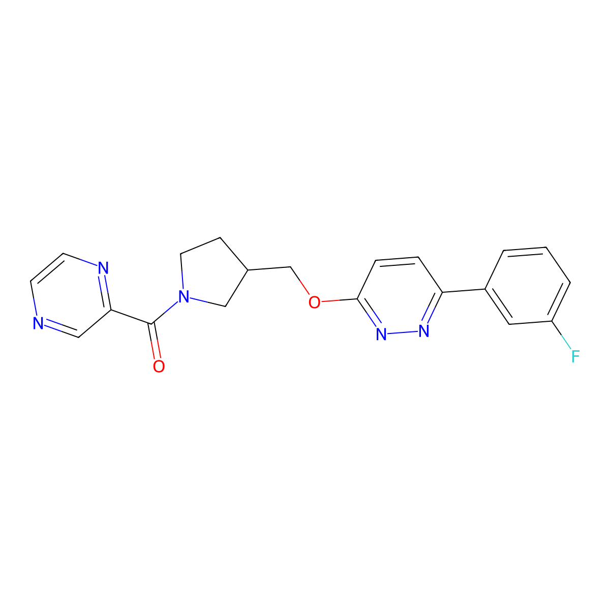 3-(3-Fluorophenyl)-6-{[1-(pyrazine-2-carbonyl)pyrrolidin-3-yl]methoxy}pyridazine molecular structure, CAS 2548984-35-4