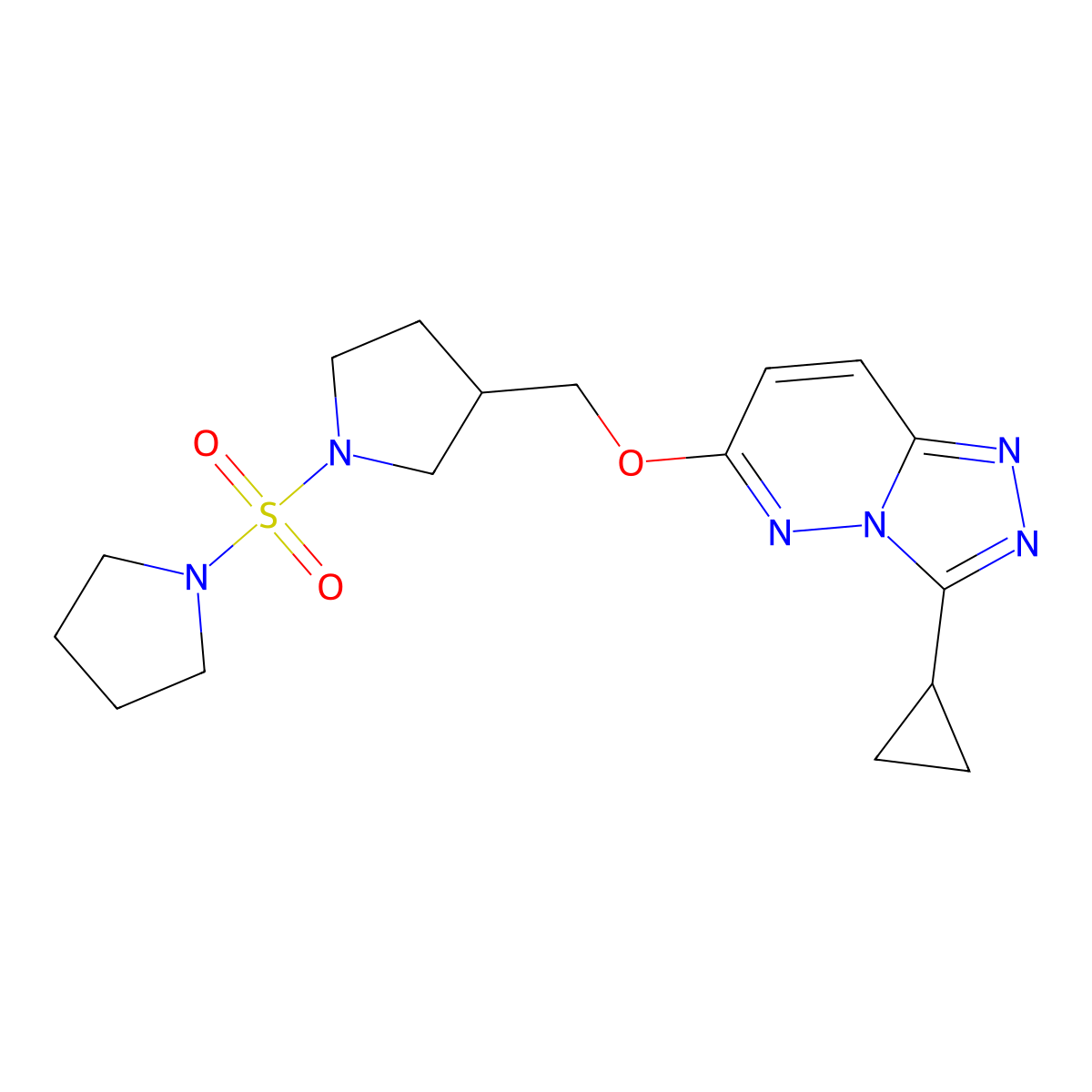 3-[({3-Cyclopropyl-[1,2,4]triazolo[4,3-b]pyridazin-6-yl}oxy)methyl]-1-(pyrrolidine-1-sulfonyl)pyrrolidine molecular structure, CAS 2548984-47-8