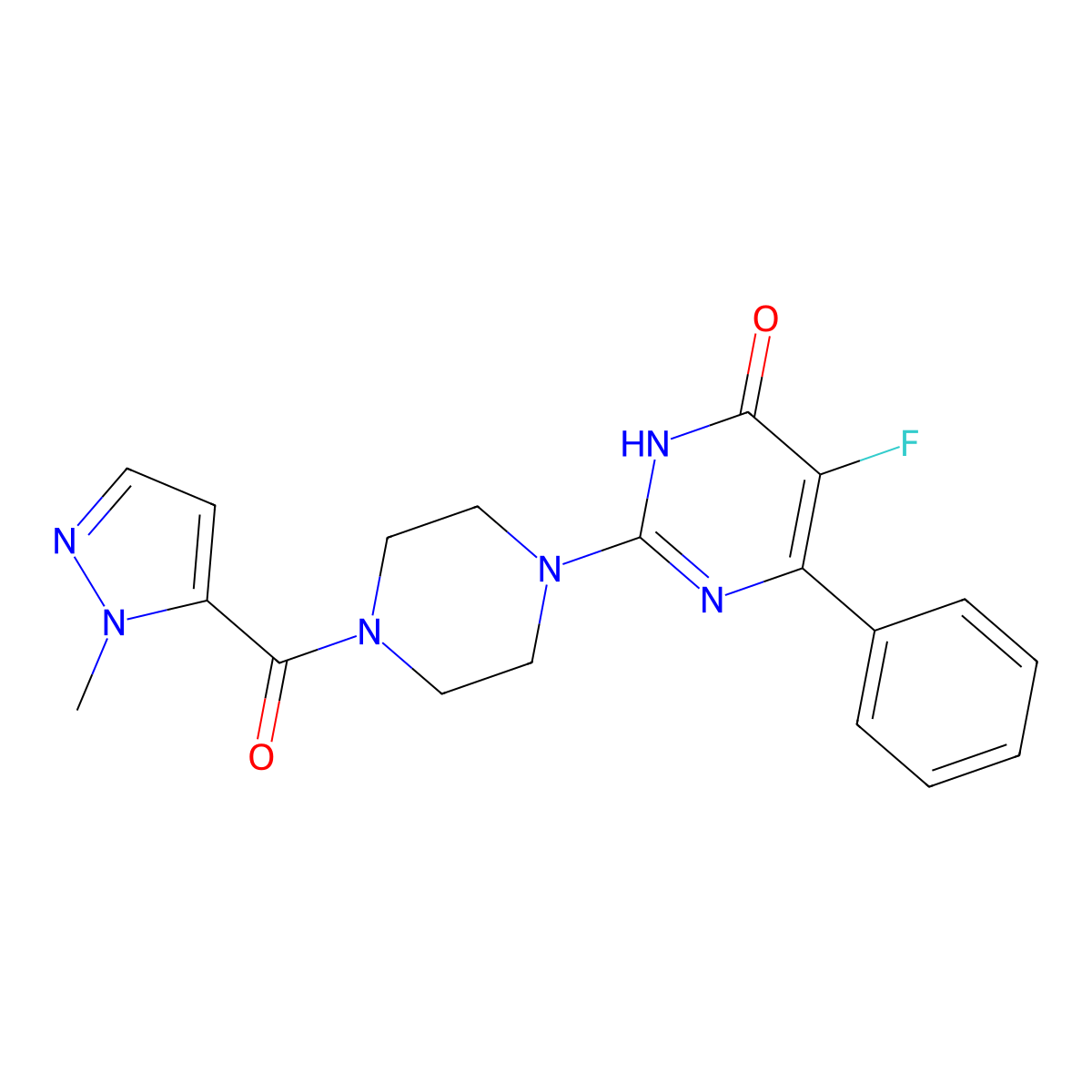 5-fluoro-2-[4-(1-methyl-1H-pyrazole-5-carbonyl)piperazin-1-yl]-6-phenyl-3,4-dihydropyrimidin-4-one molecular structure, CAS 2548984-70-7