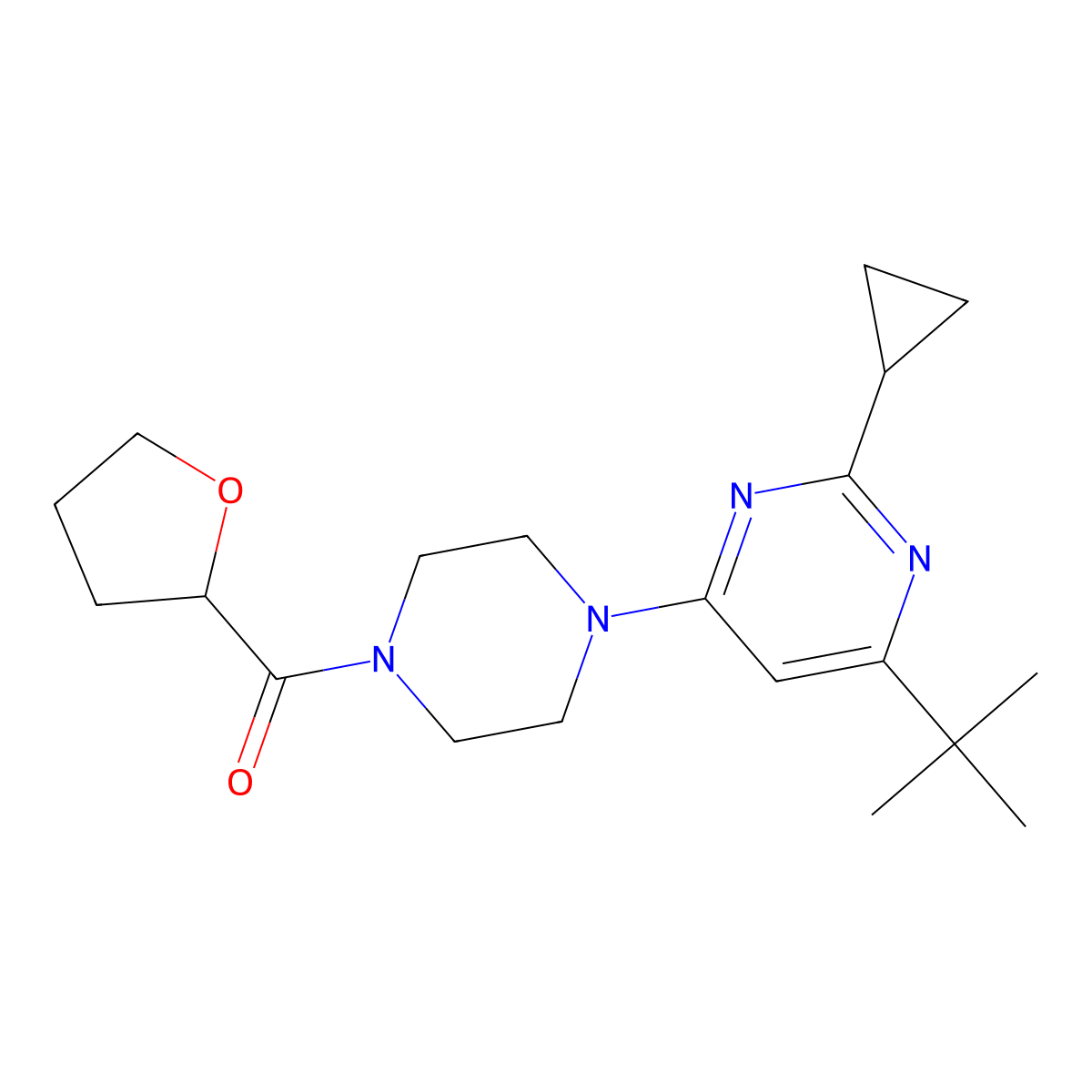 4-Tert-butyl-2-cyclopropyl-6-[4-(oxolane-2-carbonyl)piperazin-1-yl]pyrimidine molecular structure, CAS 2548984-72-9