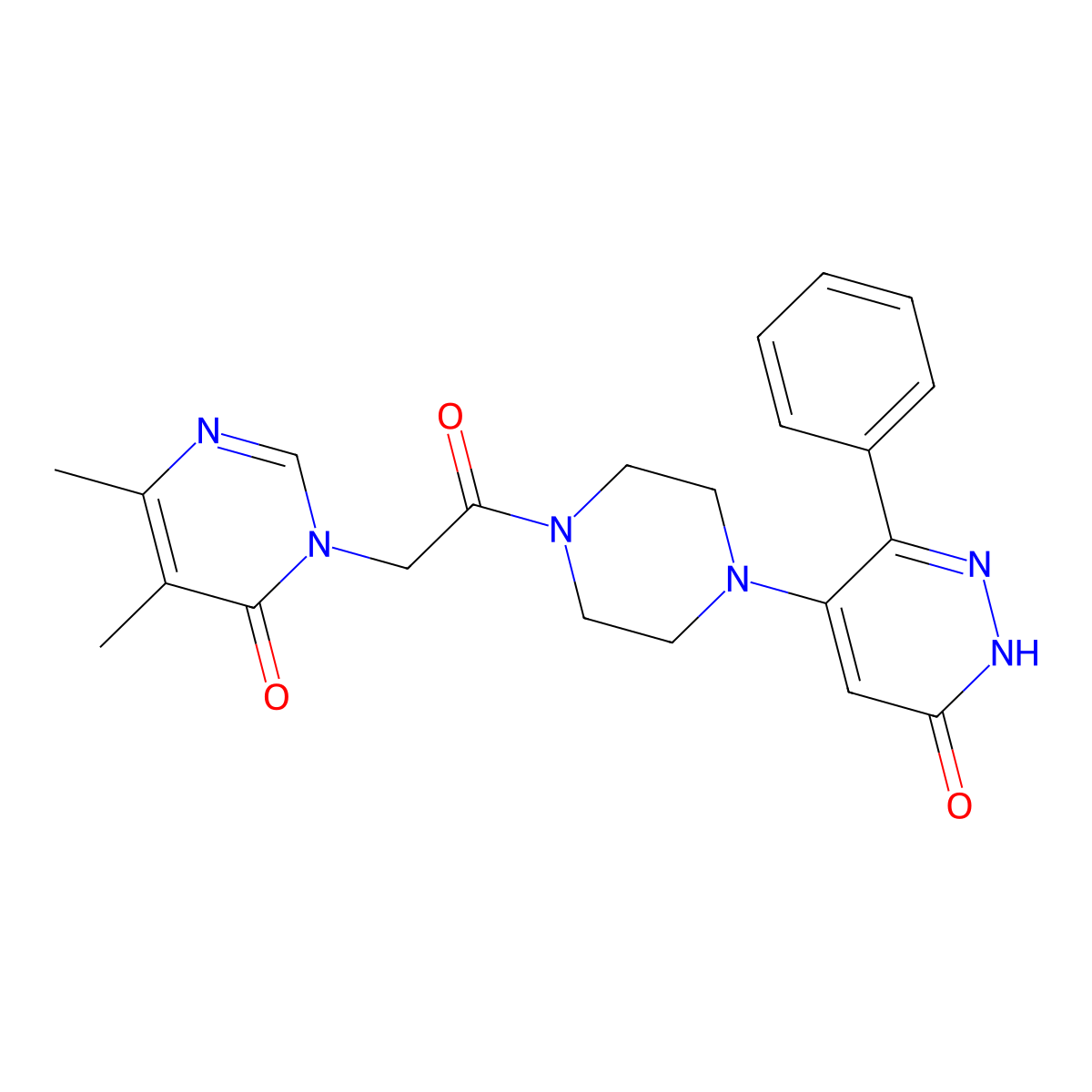 5-{4-[2-(4,5-Dimethyl-6-oxo-1,6-dihydropyrimidin-1-yl)acetyl]piperazin-1-yl}-6-phenyl-2,3-dihydropyridazin-3-one molecular structure, CAS 2548984-76-3