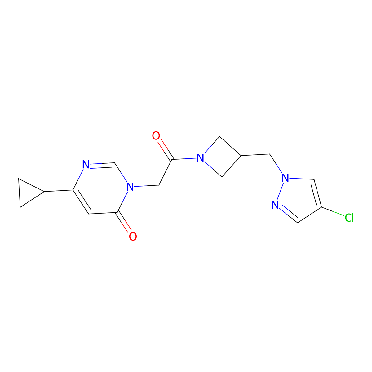 3-(2-{3-[(4-chloro-1H-pyrazol-1-yl)methyl]azetidin-1-yl}-2-oxoethyl)-6-cyclopropyl-3,4-dihydropyrimidin-4-one molecular structure, CAS 2548984-78-5