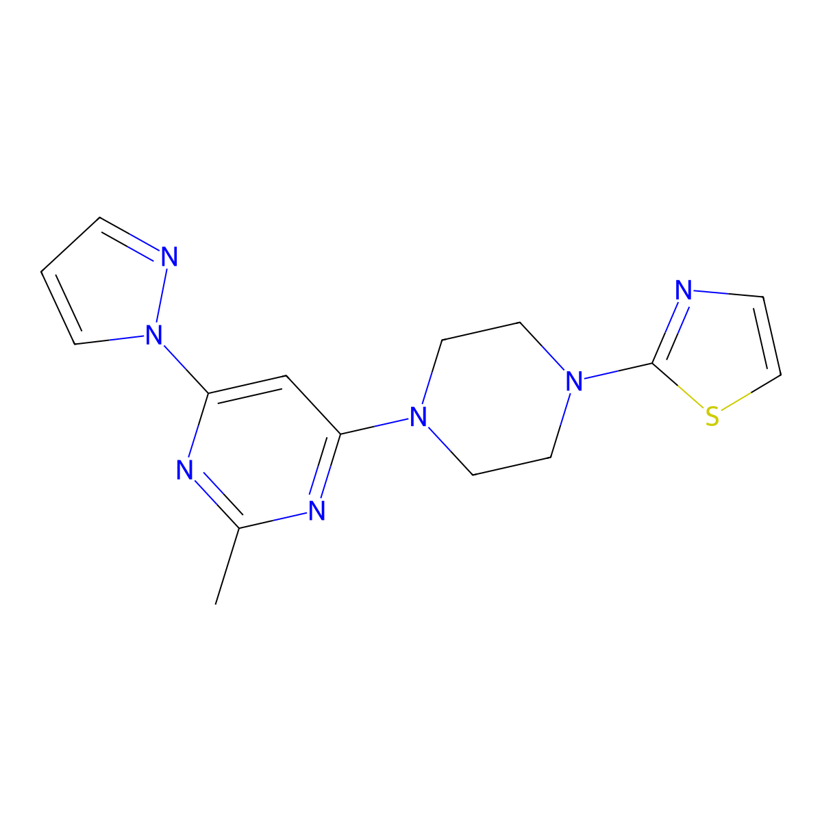 2-methyl-4-(1H-pyrazol-1-yl)-6-[4-(1,3-thiazol-2-yl)piperazin-1-yl]pyrimidine molecular structure, CAS 2548984-79-6