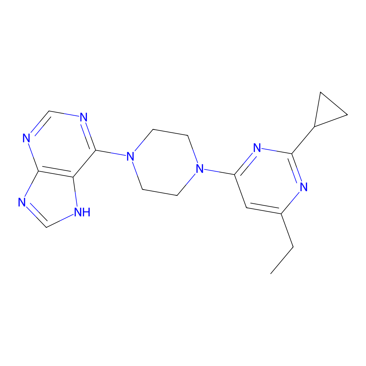 6-[4-(2-cyclopropyl-6-ethylpyrimidin-4-yl)piperazin-1-yl]-9H-purine molecular structure, CAS 2548984-81-0