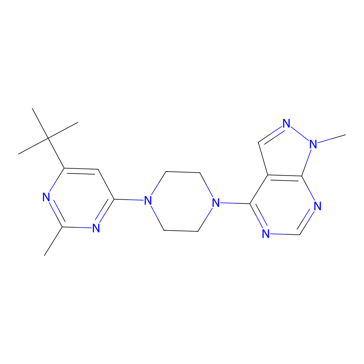 4-tert-butyl-2-methyl-6-(4-{1-methyl-1H-pyrazolo[3,4-d]pyrimidin-4-yl}piperazin-1-yl)pyrimidine molecular structure, CAS 2548985-07-3