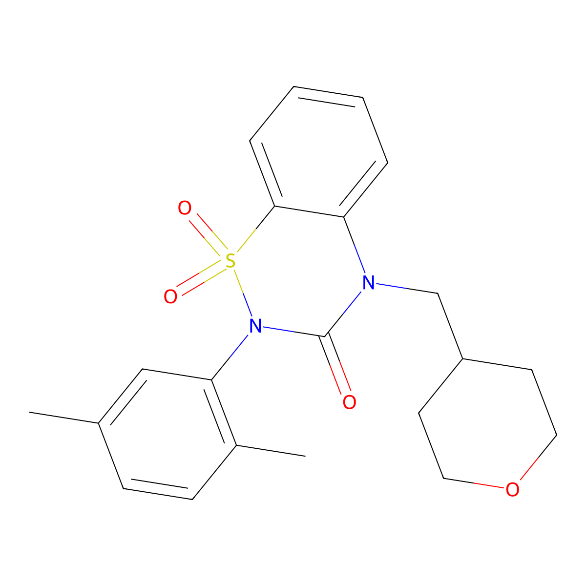 2-(2,5-dimethylphenyl)-4-[(oxan-4-yl)methyl]-3,4-dihydro-2H-1lambda6,2,4-benzothiadiazine-1,1,3-trione molecular structure, CAS 2548985-14-2