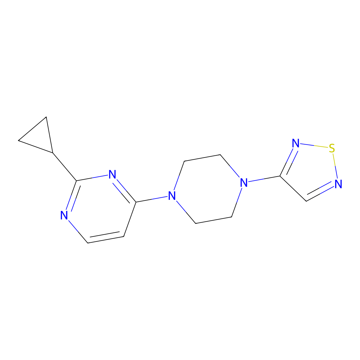2-Cyclopropyl-4-[4-(1,2,5-thiadiazol-3-yl)piperazin-1-yl]pyrimidine molecular structure, CAS 2548985-20-0