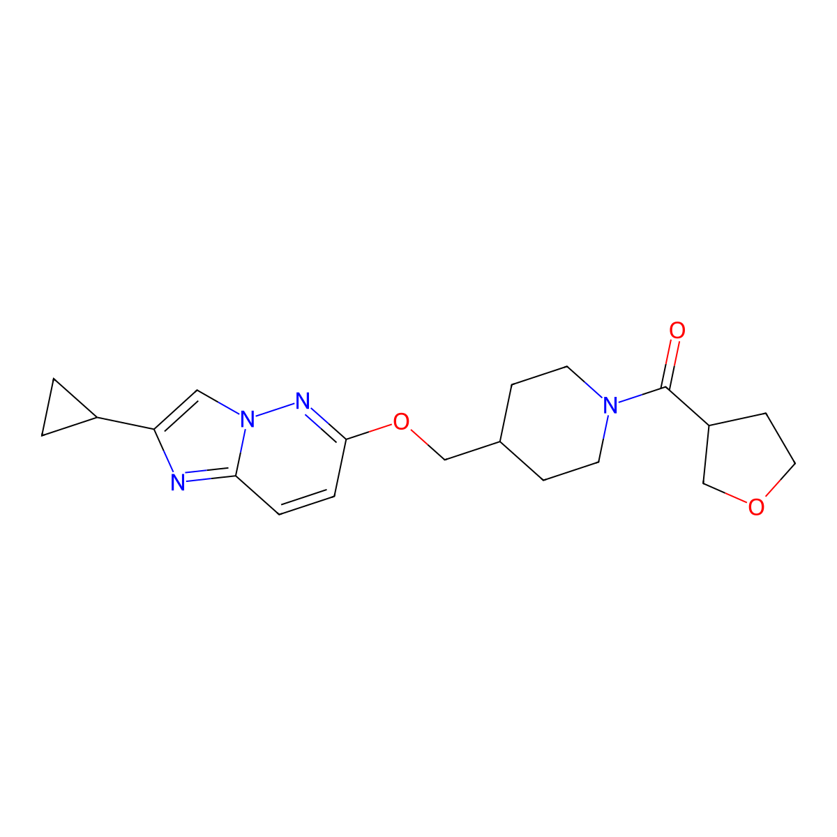 4-[({2-Cyclopropylimidazo[1,2-b]pyridazin-6-yl}oxy)methyl]-1-(oxolane-3-carbonyl)piperidine molecular structure, CAS 2548985-29-9