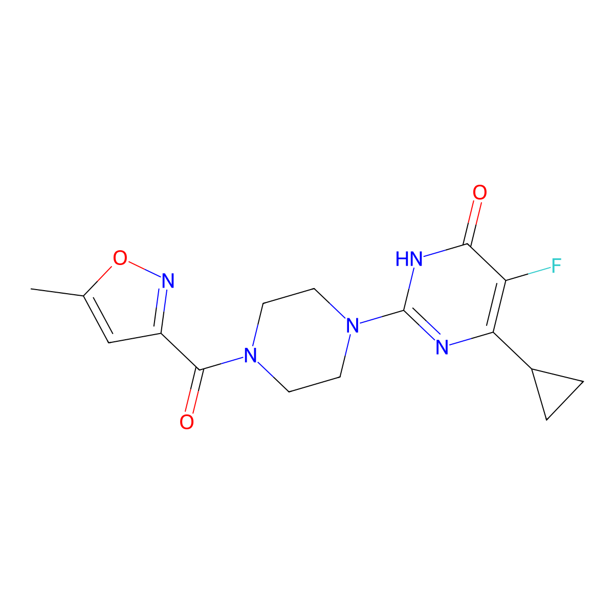 6-Cyclopropyl-5-fluoro-2-[4-(5-methyl-1,2-oxazole-3-carbonyl)piperazin-1-yl]-3,4-dihydropyrimidin-4-one molecular structure, CAS 2548985-33-5