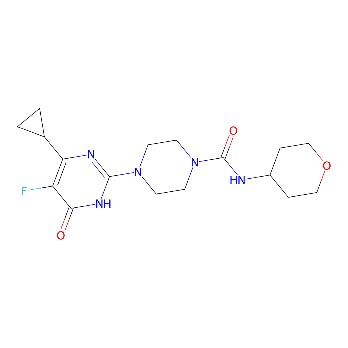 4-(4-cyclopropyl-5-fluoro-6-oxo-1,6-dihydropyrimidin-2-yl)-N-(oxan-4-yl)piperazine-1-carboxamide molecular structure, CAS 2548985-40-4