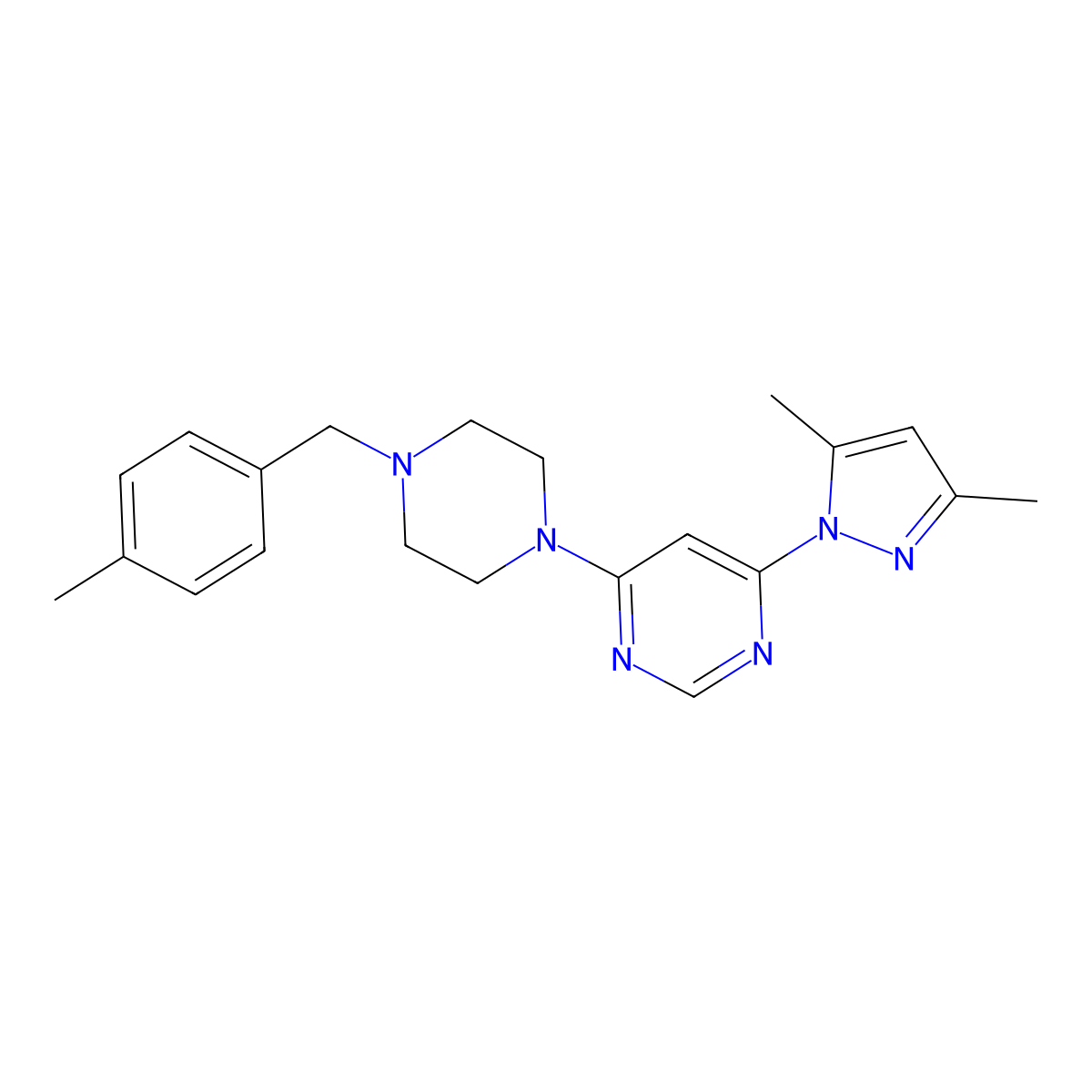 4-(3,5-dimethyl-1H-pyrazol-1-yl)-6-{4-[(4-methylphenyl)methyl]piperazin-1-yl}pyrimidine molecular structure, CAS 2548985-43-7